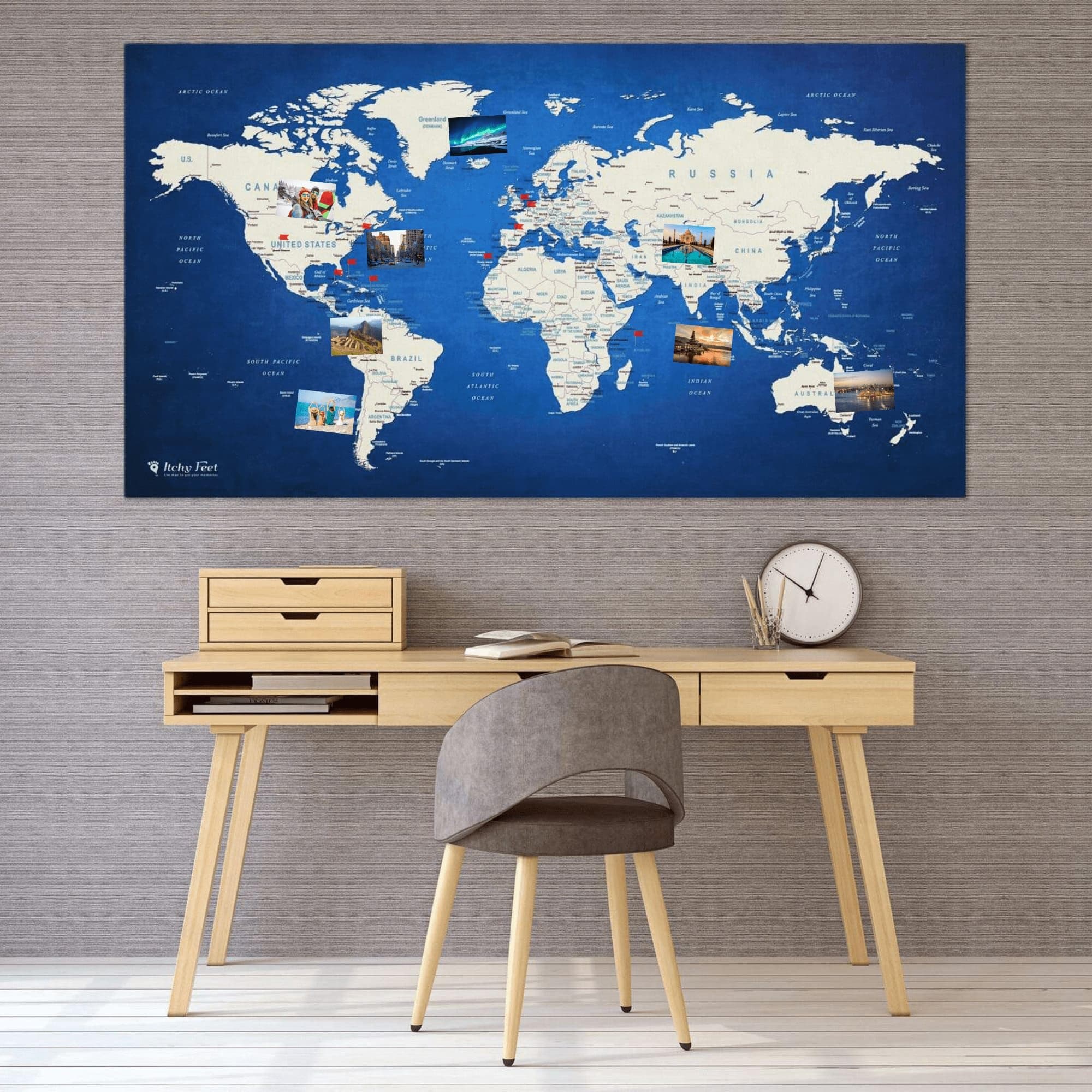 Itchy Feet World Map XXL 51 x 28 inches, Travel Pin Board with Fleece Surface in Modern Wall Art Design, 20 Flag Push Pins Included