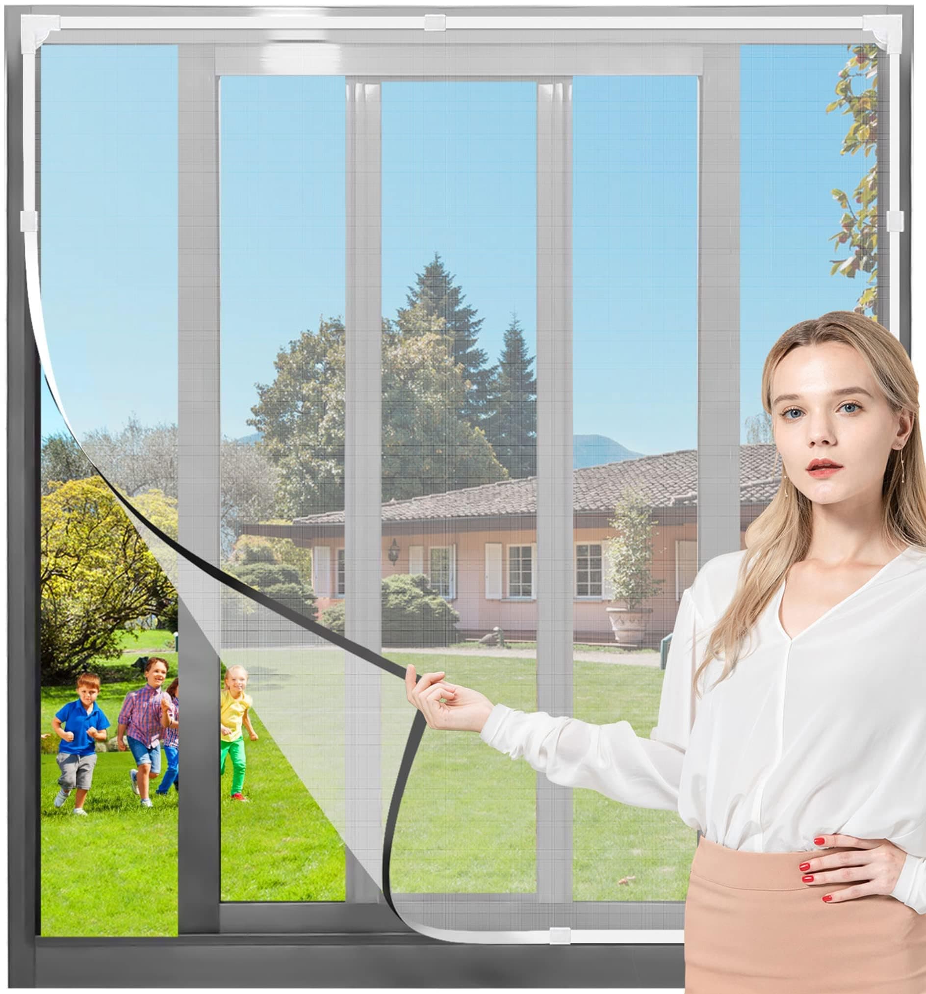 Window Fly Screen ​Adjustable Magnetic Window Fly Screen Window Max 59” x 70.9”Fits Any Smaller Size Easy Installation Keep Bugs/Flys/Mosquitoes Out (White Frame Gray Mesh)