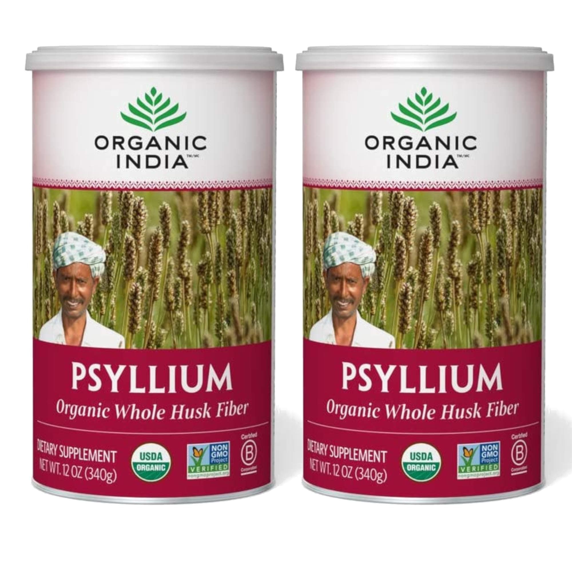 ORGANIC INDIA Whole Psyllium Husk Powder Organic - Psyllium Husk Fiber Supplement, Digestion Support, Vegan, Gluten-Free, Non-GMO, Soluble & Insoluble Fiber Source - 12 oz (Pack of 2)