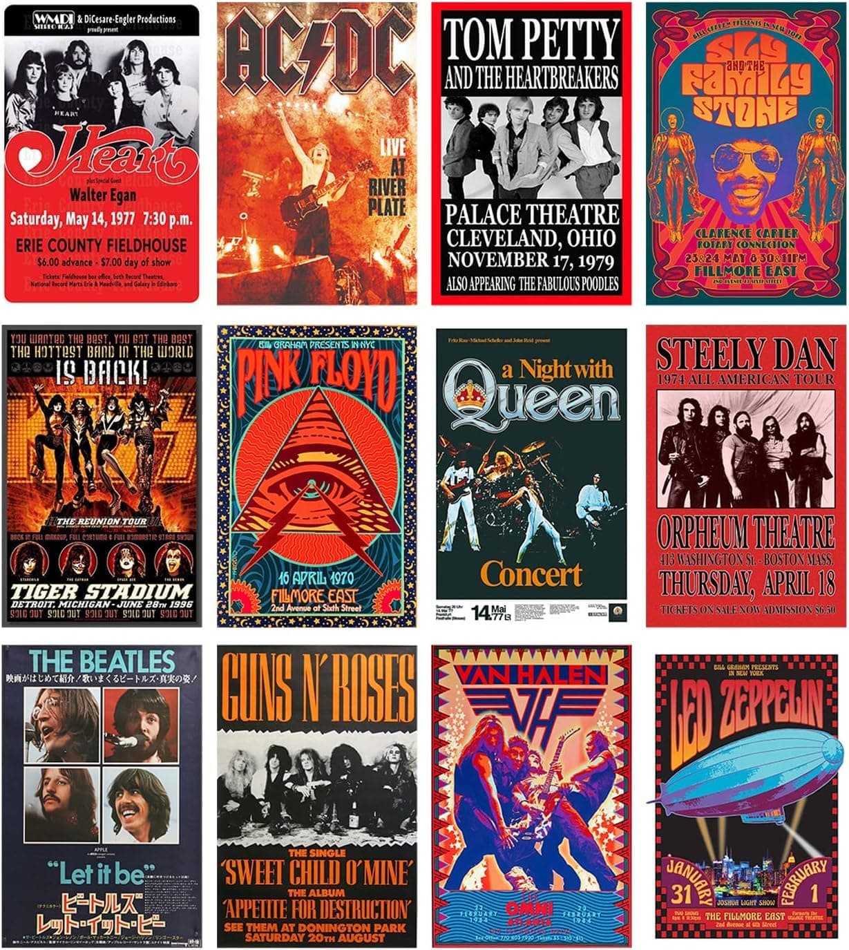 Vintage Rock Band Posters for Room Aesthetic, 70s 80s 90s Retro Bedroom Decor Wall Art, Concert Poster Collage, Old Music Album Cover Prints (12 SET B, 7.8X11.8 INCH)