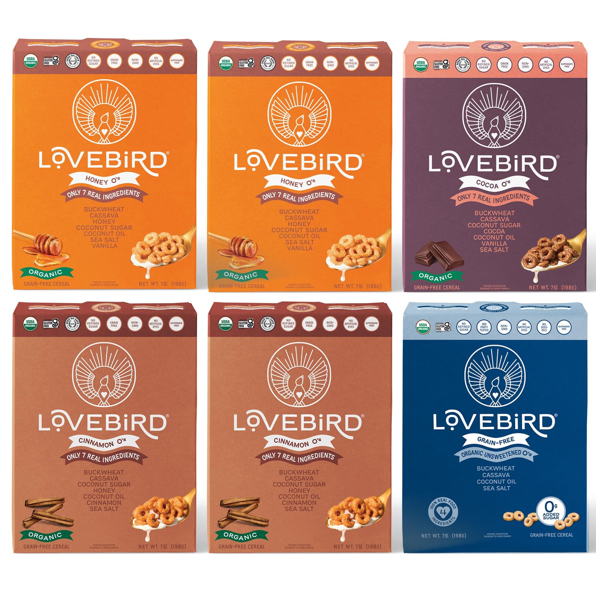 Lovebird Gluten & Grain Free Cereal Variety 6 Pack - Organic AIP Food, Paleo Dairy Free, No Refined Sugar Breakfast Cereals | Healthy Snacks for Kids, Adults - Cacao, Honey, Cinnamon, Unsweetened