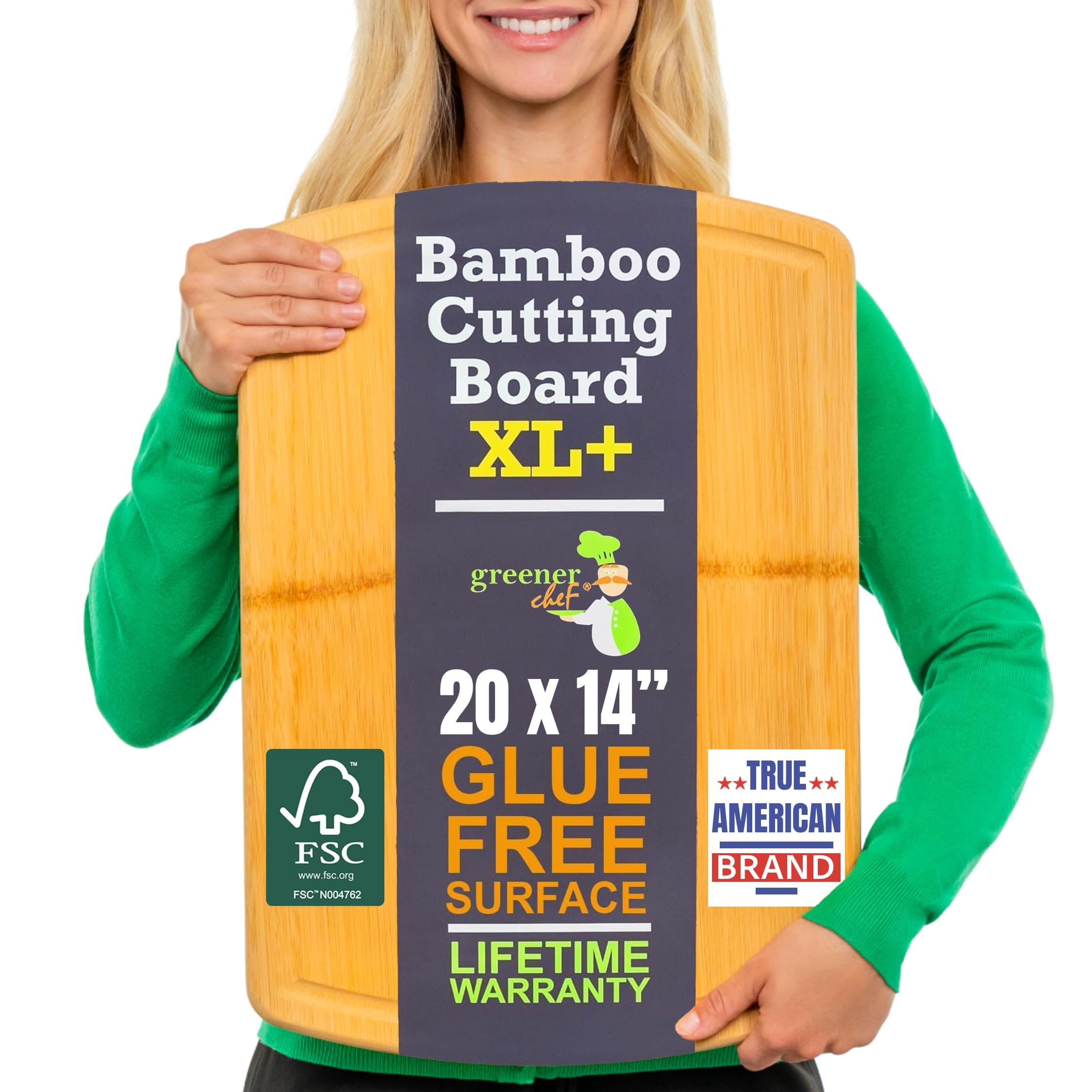 20 Inch Bamboo Cutting Board Featuring Super-Sized Glue-Free Surface™ – Heavy Duty Butcher Block for Safe Meal Prep, Chopping & Carving with Lifetime Replacements