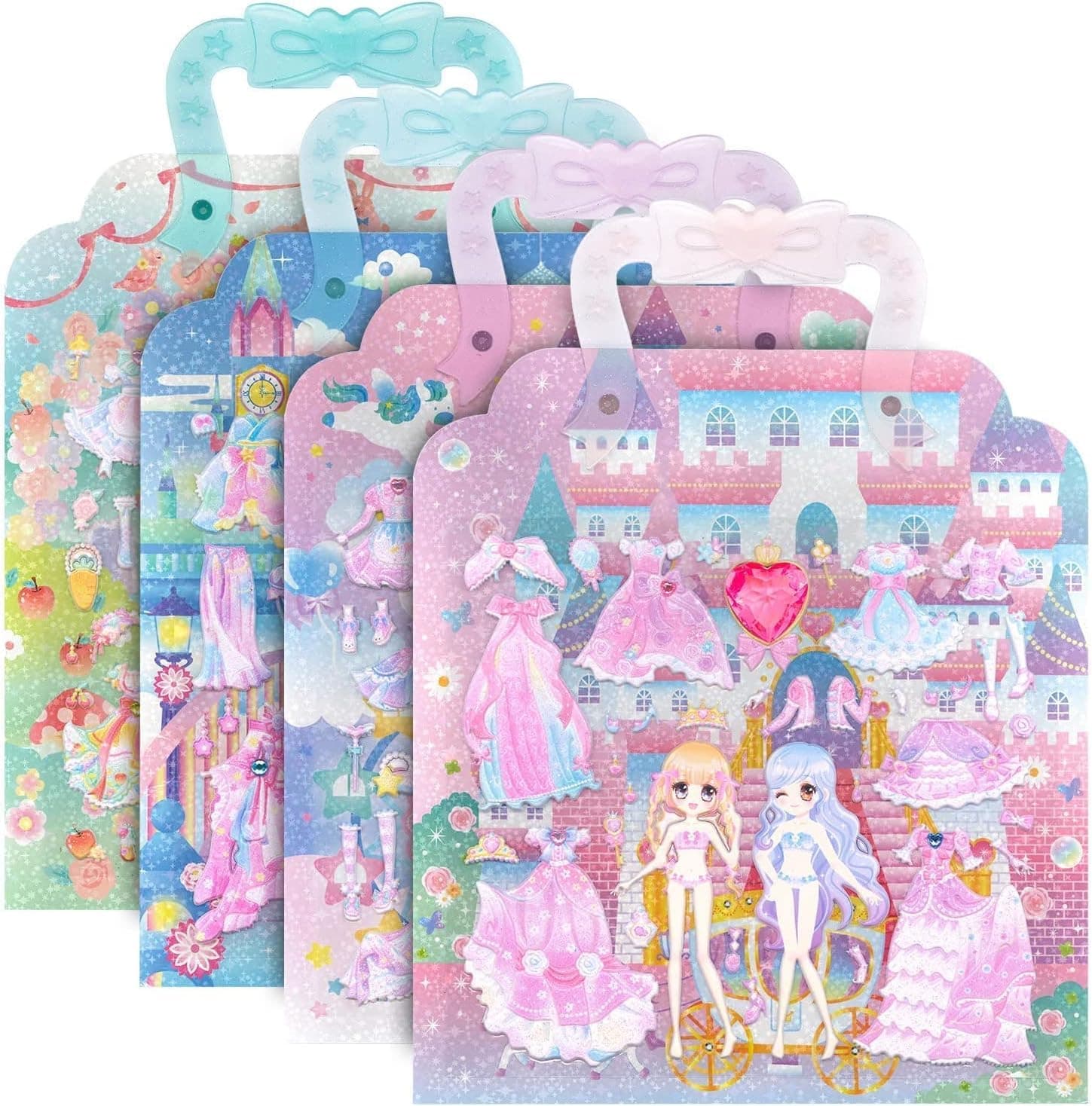AM ANNA 4 PCS 3D Dress Up Stickers Pad Play Sets, Activity Playset Set Reusable Foam Princess Stickers, Portable Change Dress Design Stickers Bags, Girls Kids Crafts Games (Handbag)