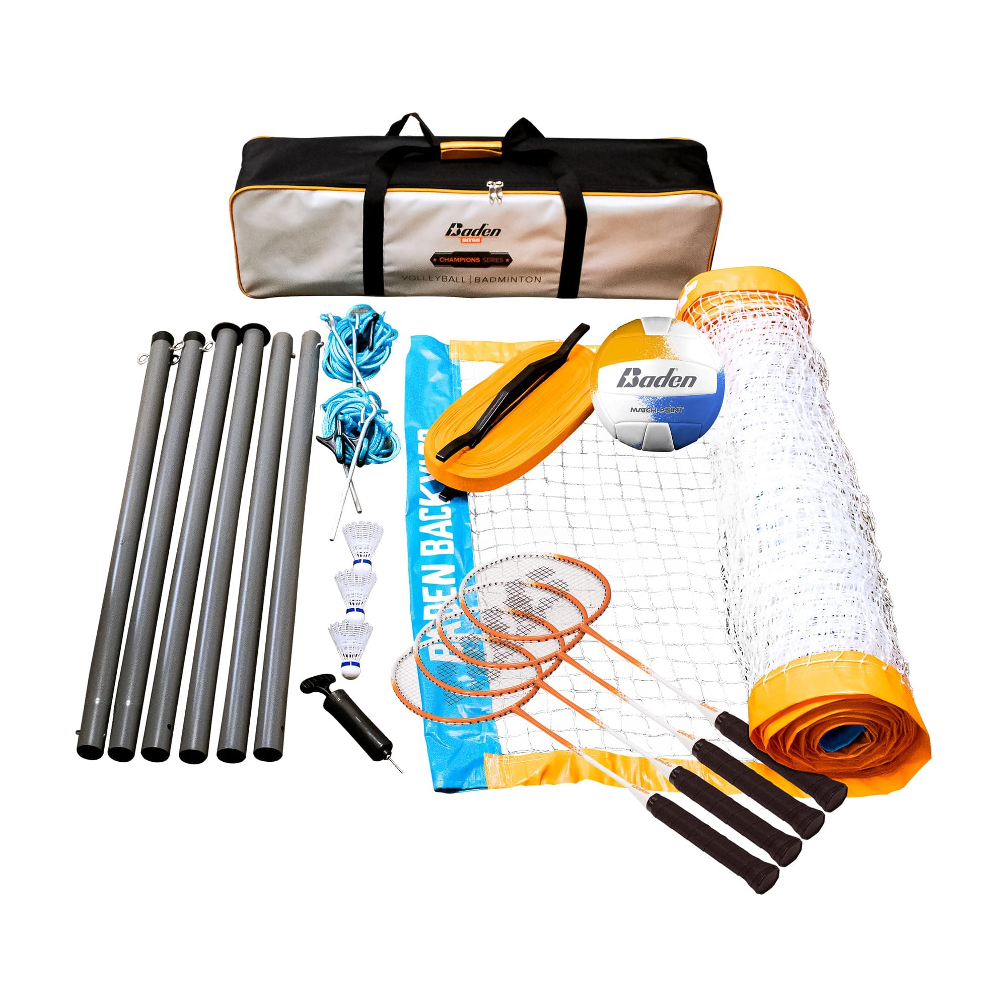 Baden Champions Volleyball/Badminton Portable Combo Set, 4 Raquets + 3 Birdies + Boundary + Volleyball + Pump + Carry Bag