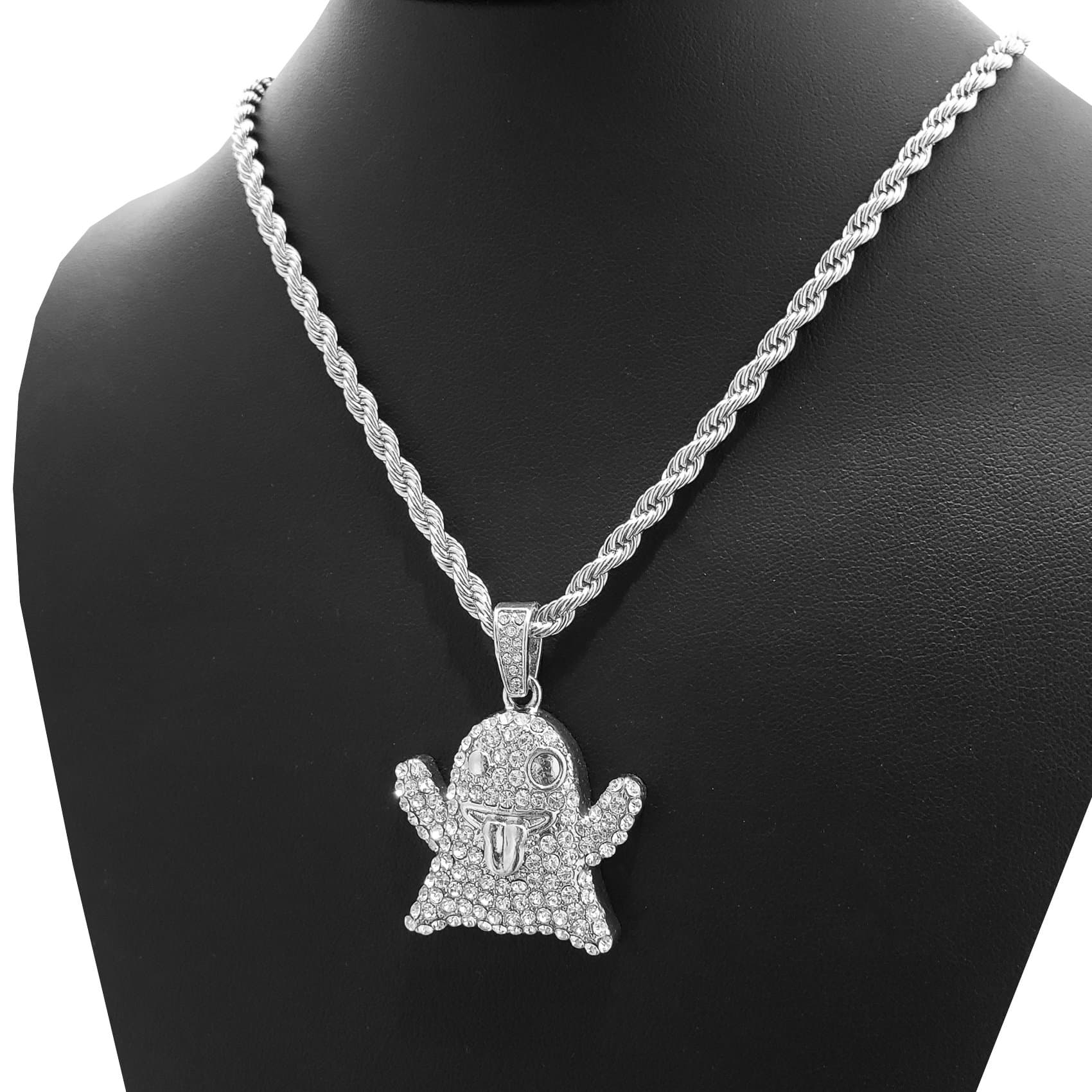 BLINGFACTORY Hip Hop Iced out Emoji Ghost Character Pendant & 4mm 24" Rope Chain Necklace