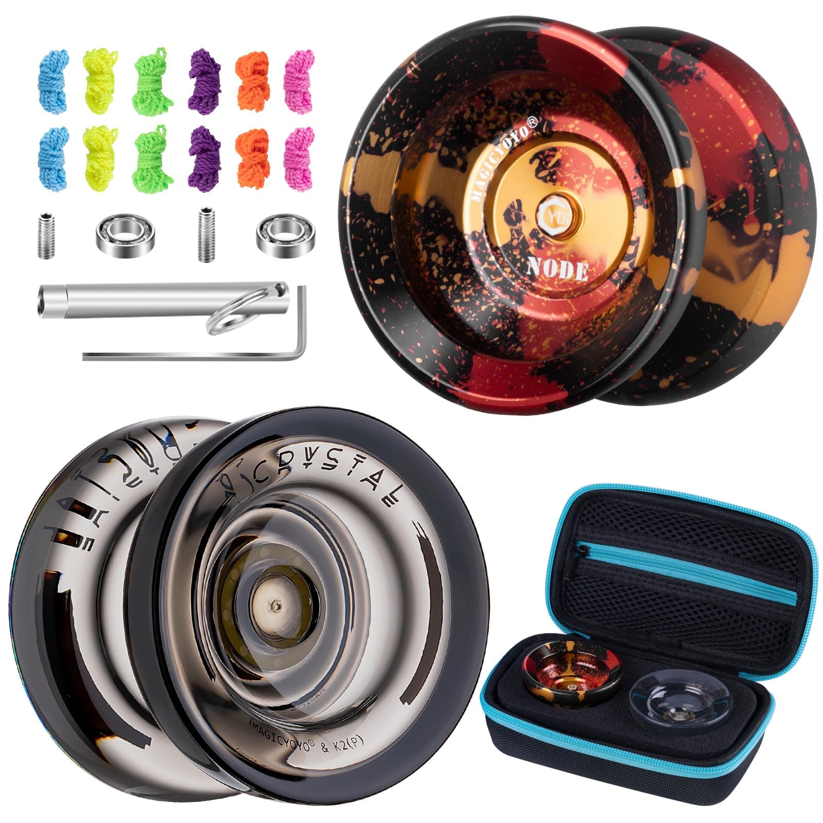 MAGICYOYO Pack of 2: K2 Responsive Dual Purpose Yoyo for Kids, Y01 Unresponsive Yoyo for Advanced Professionals With Extra+Bearings+1 KK Bearings+1 Case+12 Strings