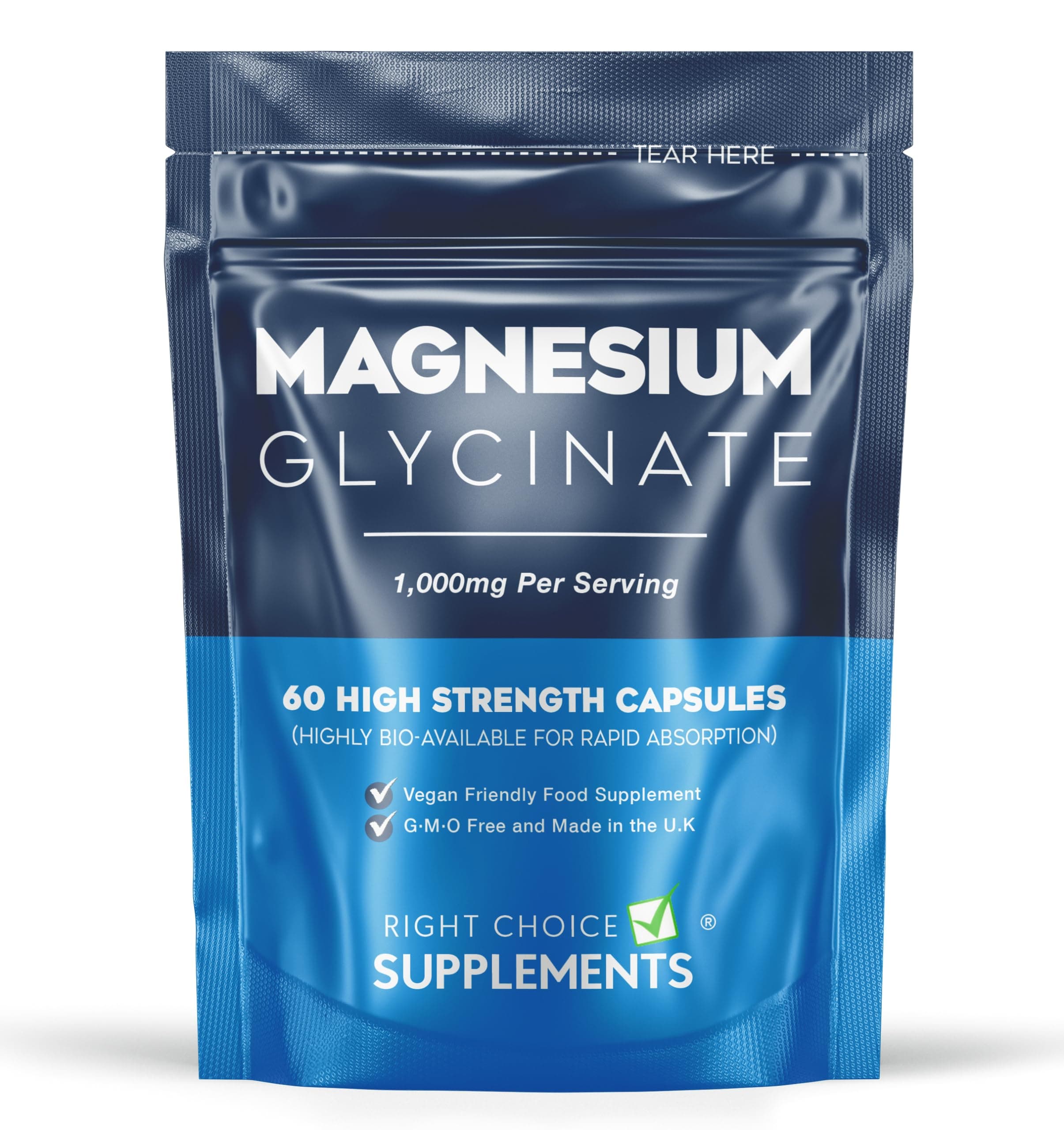 Magnesium Glycinate 1,000mg (per Serving - 2 Capsules) Ideal Strength & High Bioavailability - 60 Vegan Capsules UK Made