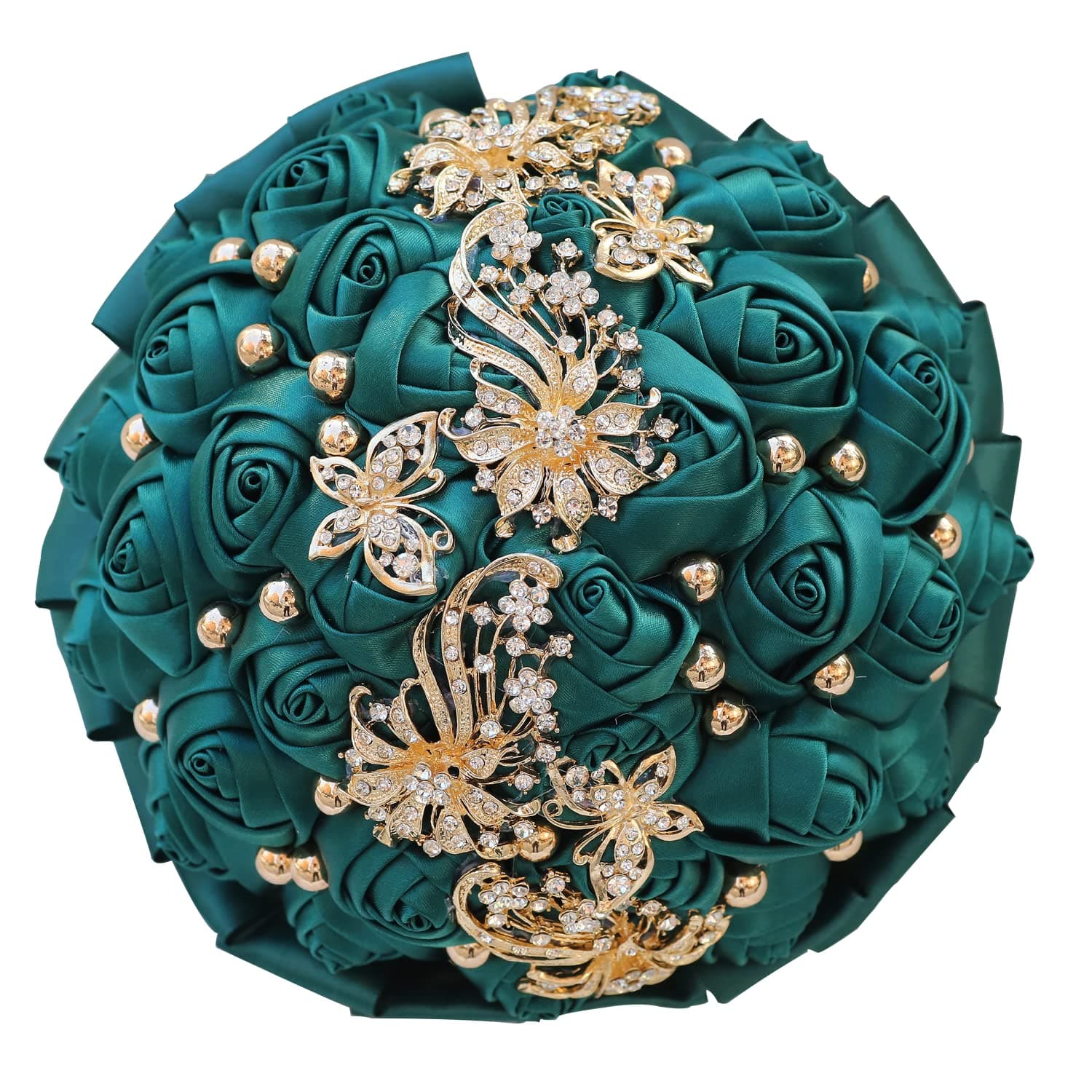 WIFELAI-A Golden Rhinestone Brooch Wedding Flowers Bridal Bouquets Crystal Bride Holding Bouquet White Ivory Satin Roses with Diamond