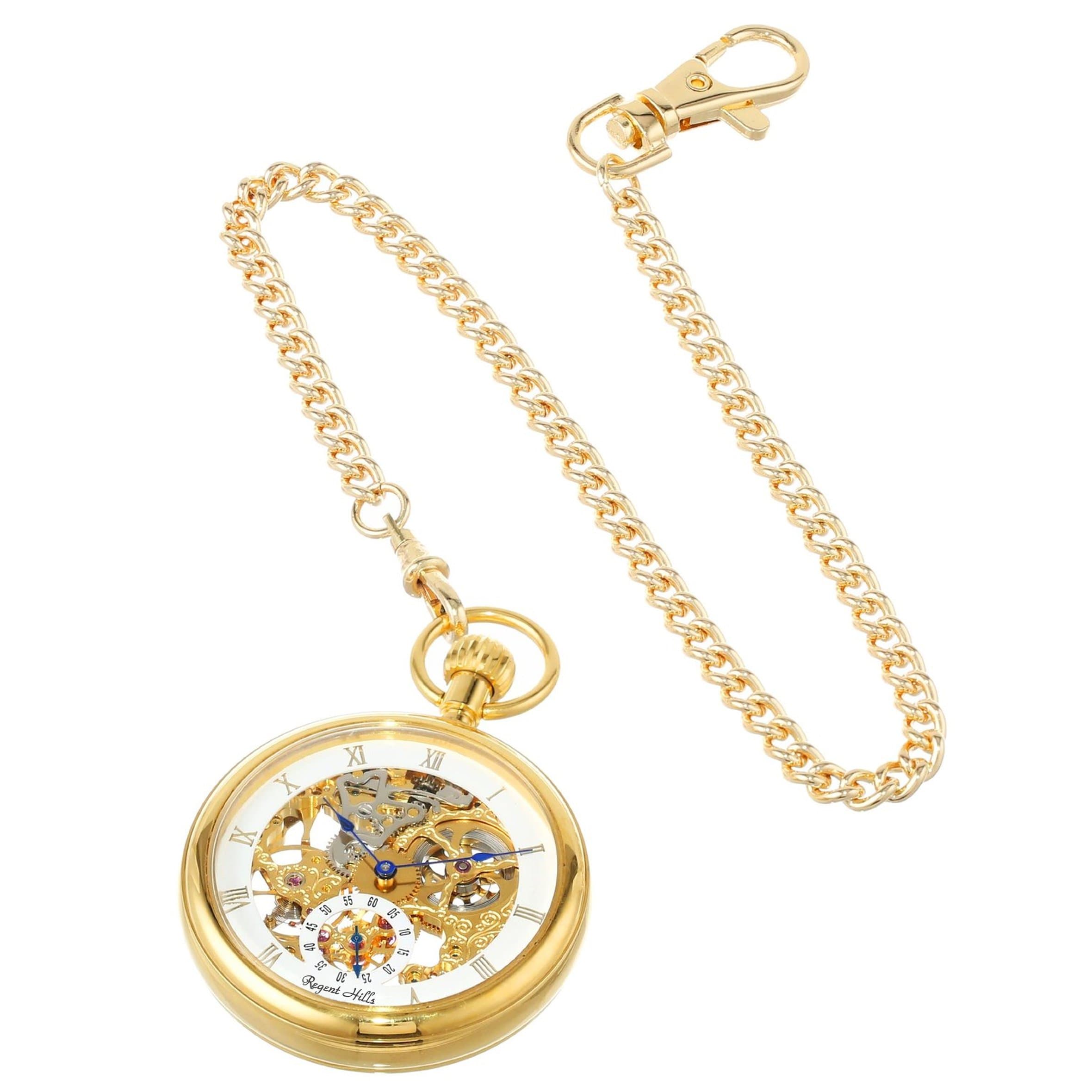 Regent Hills Vintage Gold Plated Open Face Mechanical Skeleton Pocket Watch with Chain 6445GP-G2(BL)