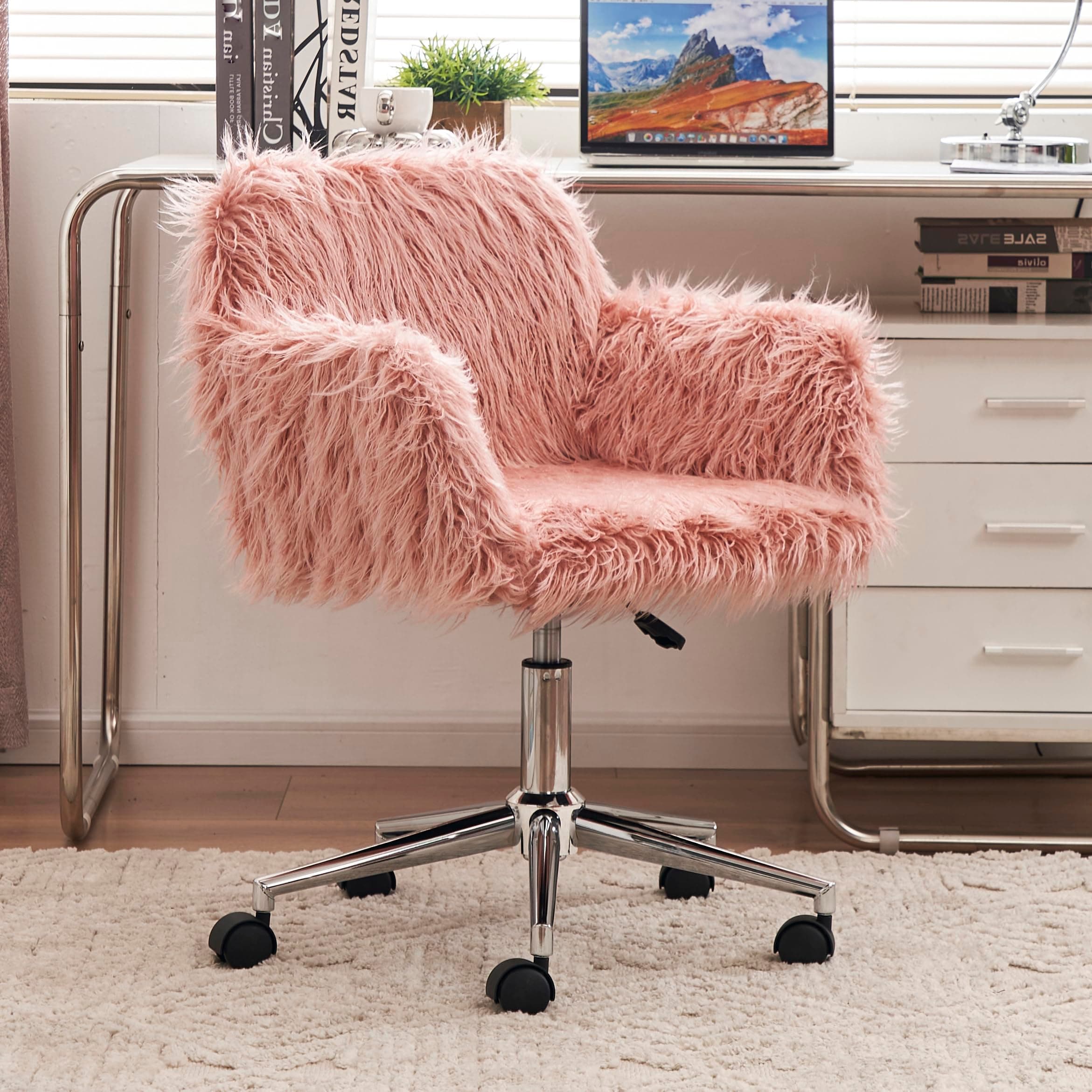 Goujxcy Fluffy Desk Chair, Faux Fur Swivel Home Office Chair Height Adjustable Vanity Accent Chair for Girls Women, Modern Cute Furry Makeup Chairs for Bedroom Living Room, Pink