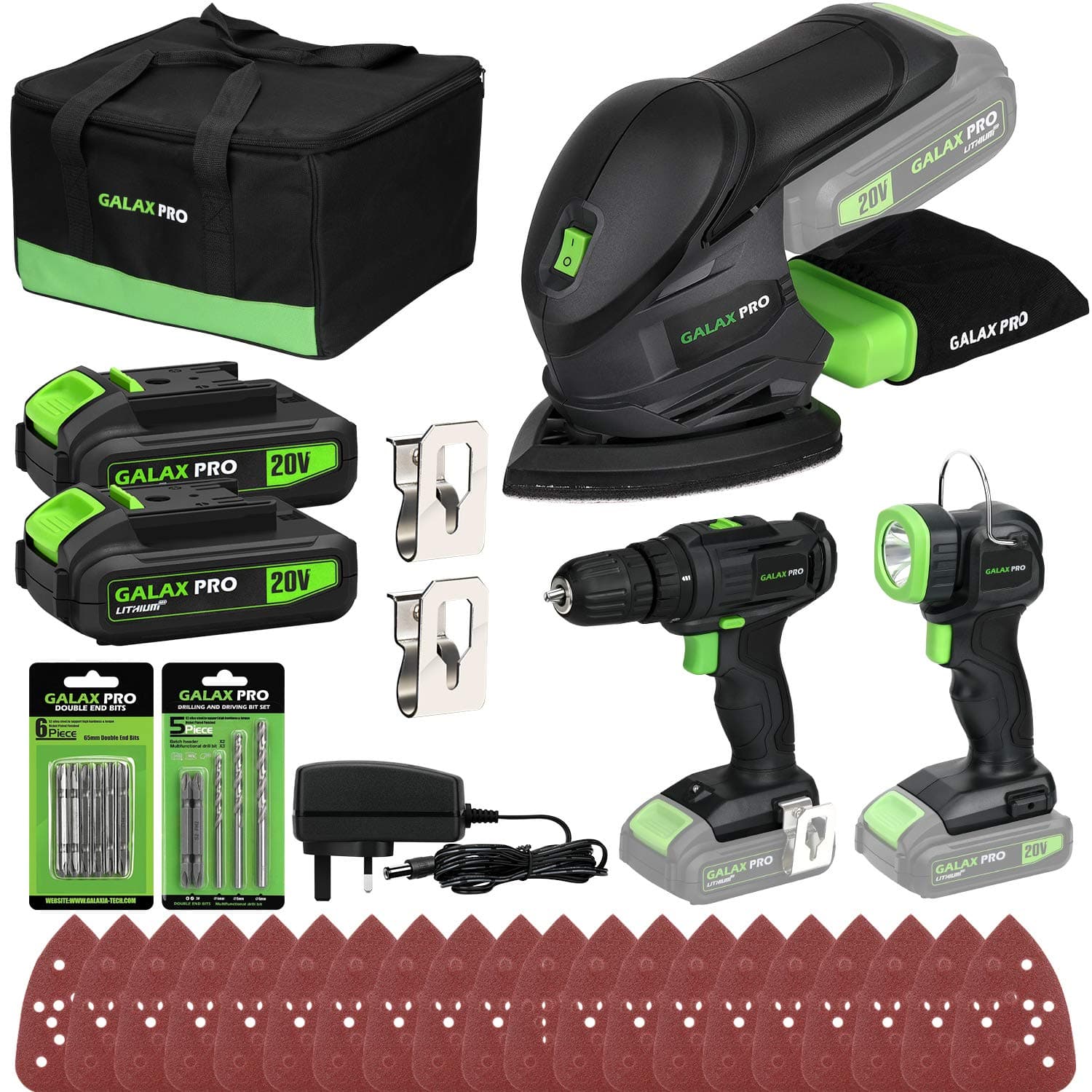 Cordless DIY Power Tool Kit GALAX PRO, Cordless Detail Sander 12000OPM, 2-Speed Drill Driver 20V, Cordless Torch 110Lm, Battery Li-Ion 1.3Ah with Charger
