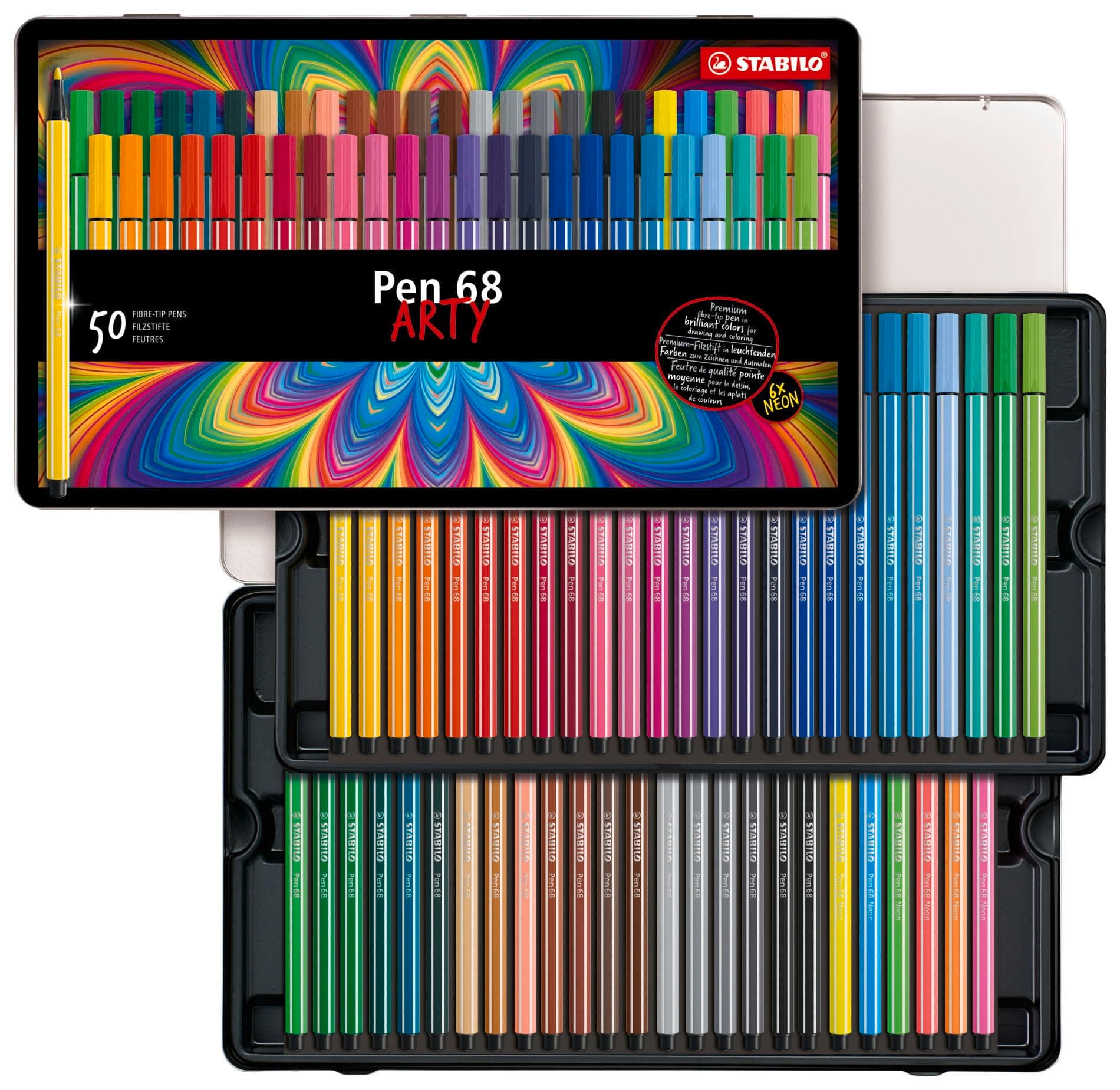 Premium Fiber-Tip Pen Pen 68 - Tin of 50 - Assorted Colors, Coloring Felt Tip Marker, Fine Point, 1mm Tip