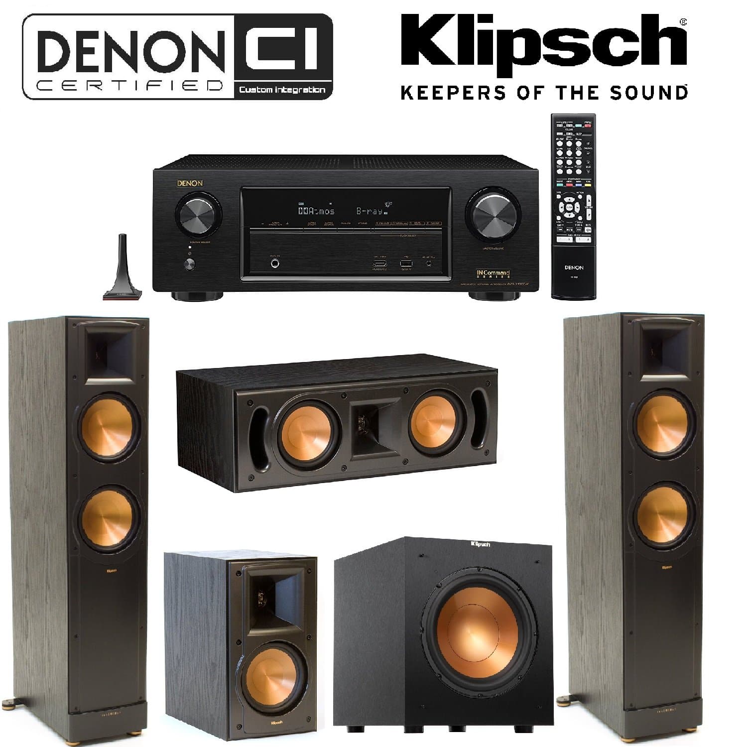 Denon AVR-X1300W Channel Full 4K Ultra HD AV Receiver with Bluetooth + Klipsch RB-51 II Bookshelf + Klipsch - RC-42 II Center + Klipsch R-10SW Subwoofer + Pair of Klipsch RF-82 II Bundle Leather Bound