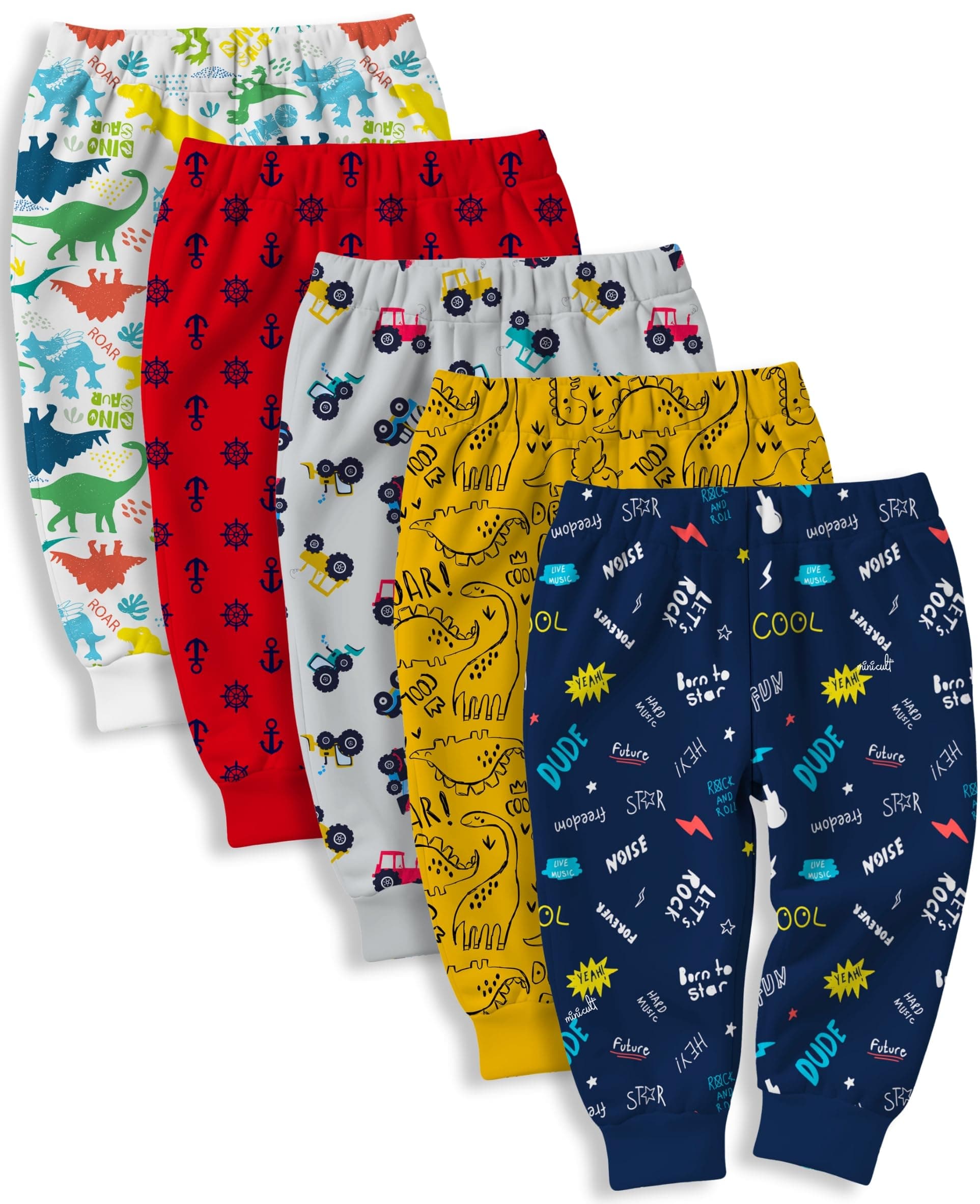 minicult Cotton Pajama Pants with All Over Print for Boys and Girls (Multicolor Designs)(Pack of 5)