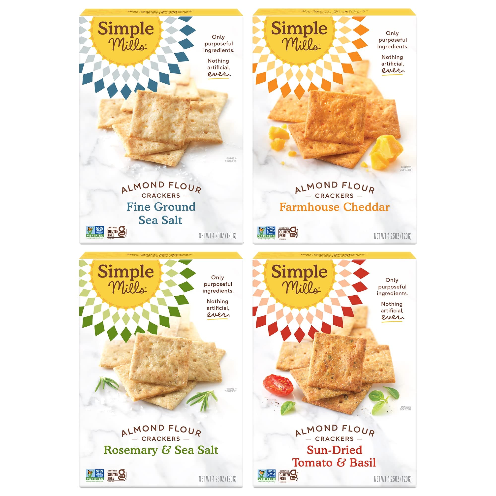 Simple Mills Almond Meal Crackers Assortment Pack (Finely Ground Sea Salt, Rosemary and Sea Salt, Farmhouse Cheddar and Sun-Dried Tomatoes and Basil) - Gluten Free, Healthy Snacks