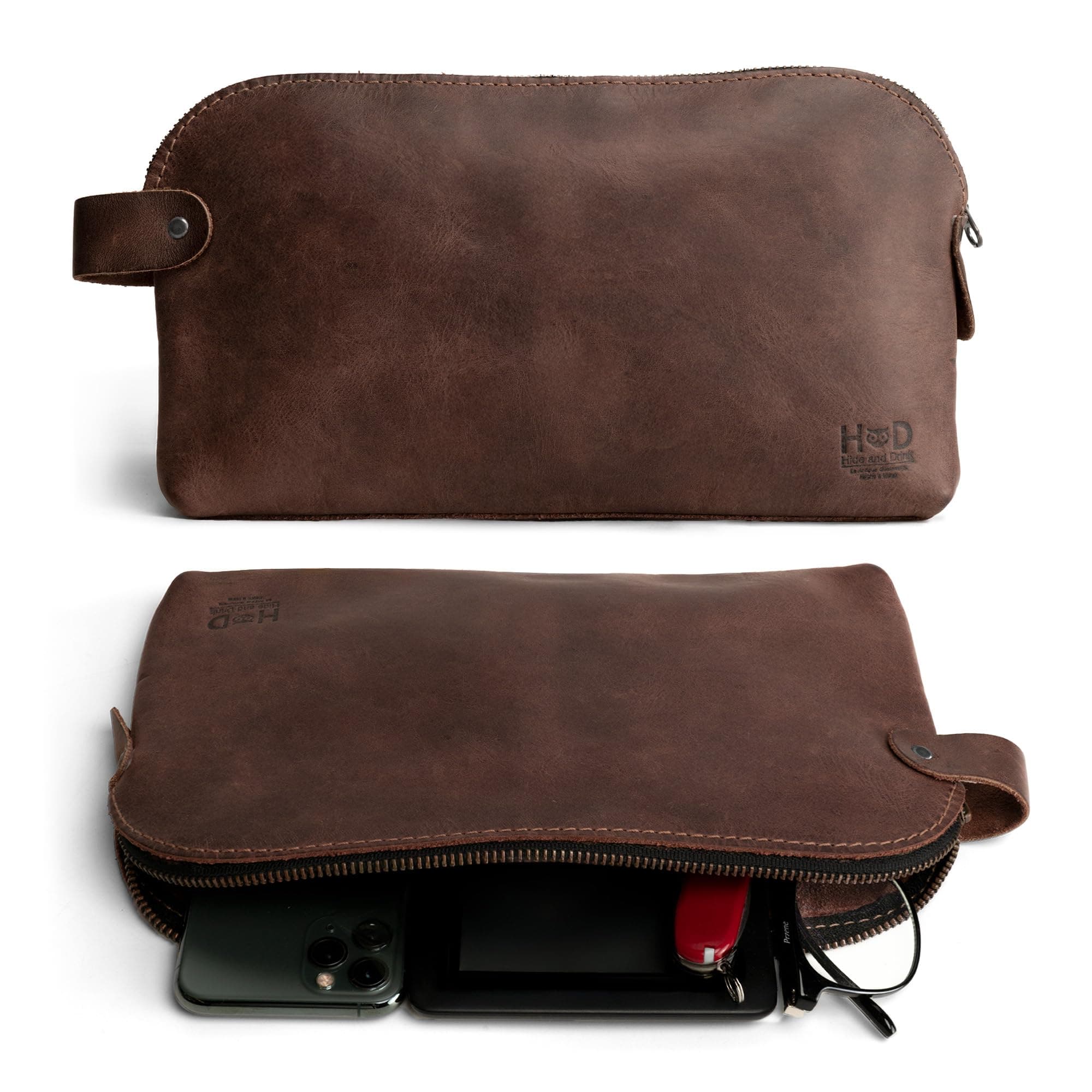 Large Rustic All Purpose Dopp Kit Utility Bag Cords & Chargers, Handmade from Full Grain Leather - Espresso