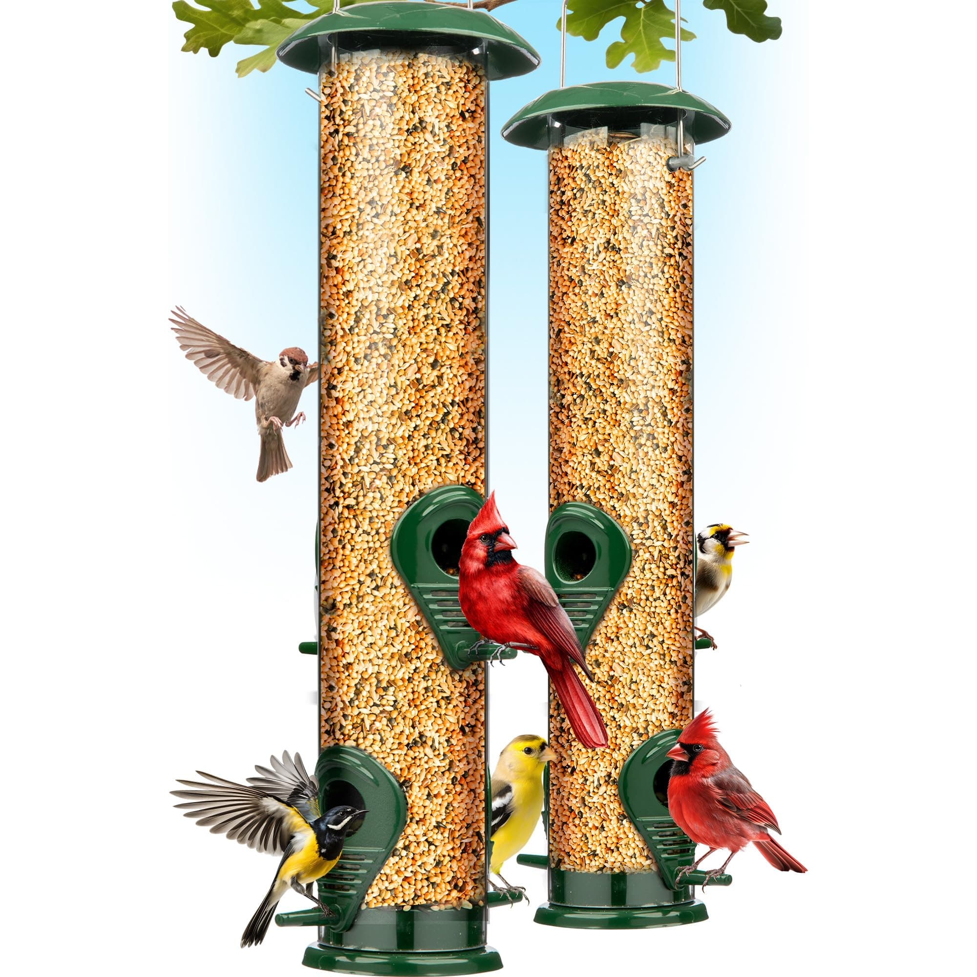 Bird Feeders for Outdoors (Metal, 2 Pack) – Chew-Proof Hanging Bird Feeder with 4 Ports, Rust-Proof Heavy Duty Tube Design, 15 Inches