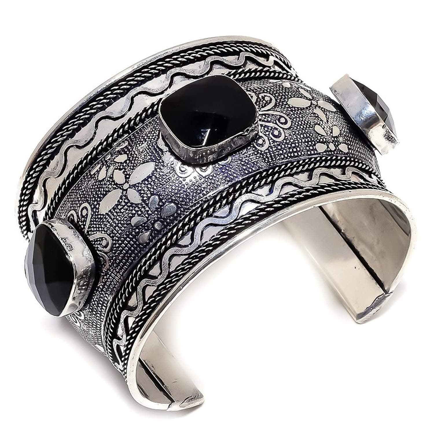 LARA GEMS STONES AND JEWELLERS Black Onyx Gemstone Ethnic Style 925Sterling Silver Cuff Bracelet Adst. OP-2065