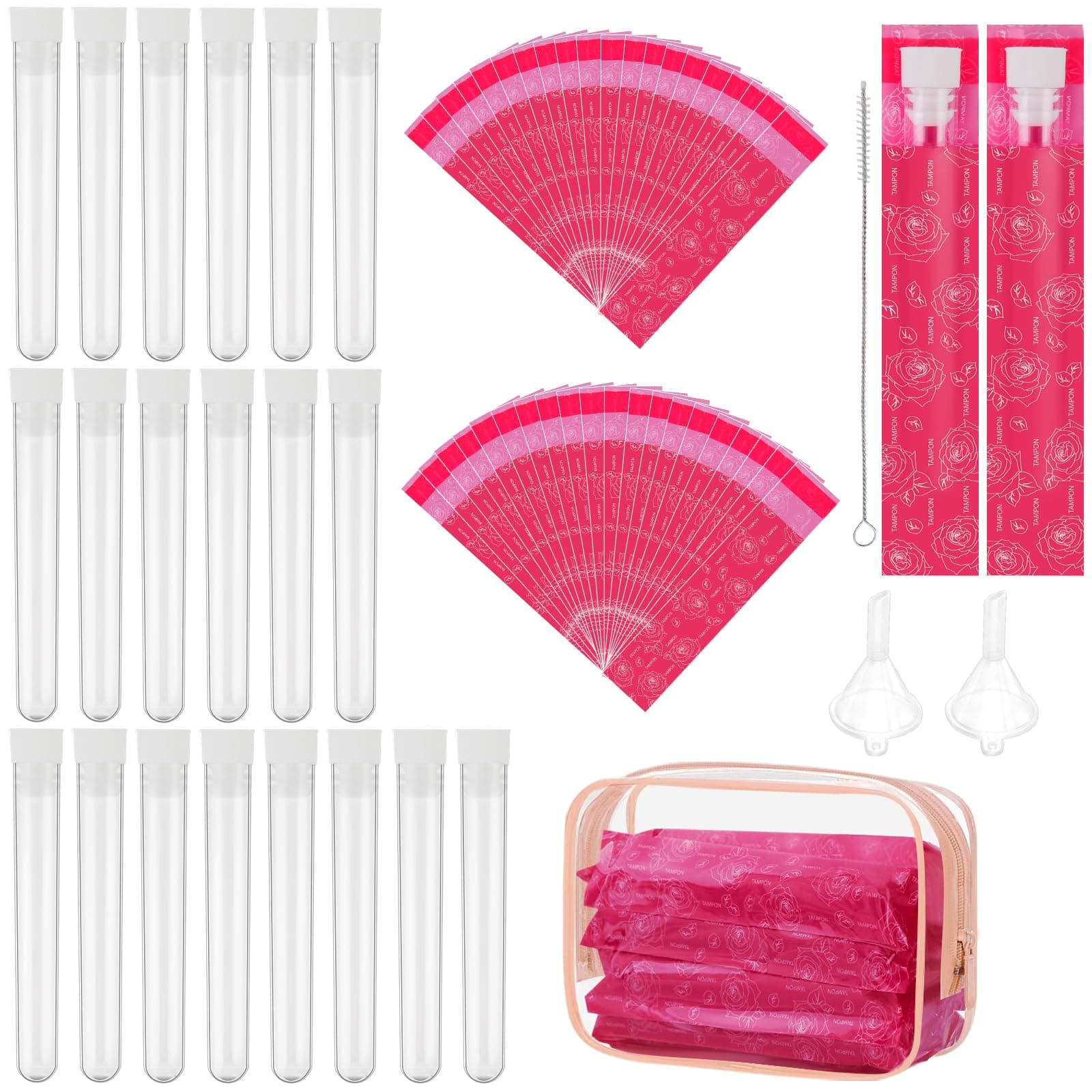 64 Pcs Tampon Flasks Set Includes 20 Reusable Plastic Flasks, 40 Self Adhesive Wrappers, 2 Funnels, Storage Bag, Straw Scrubber, Hidden Flasks for Cruise Event, Concert, Outdoor Sports (Rose red)