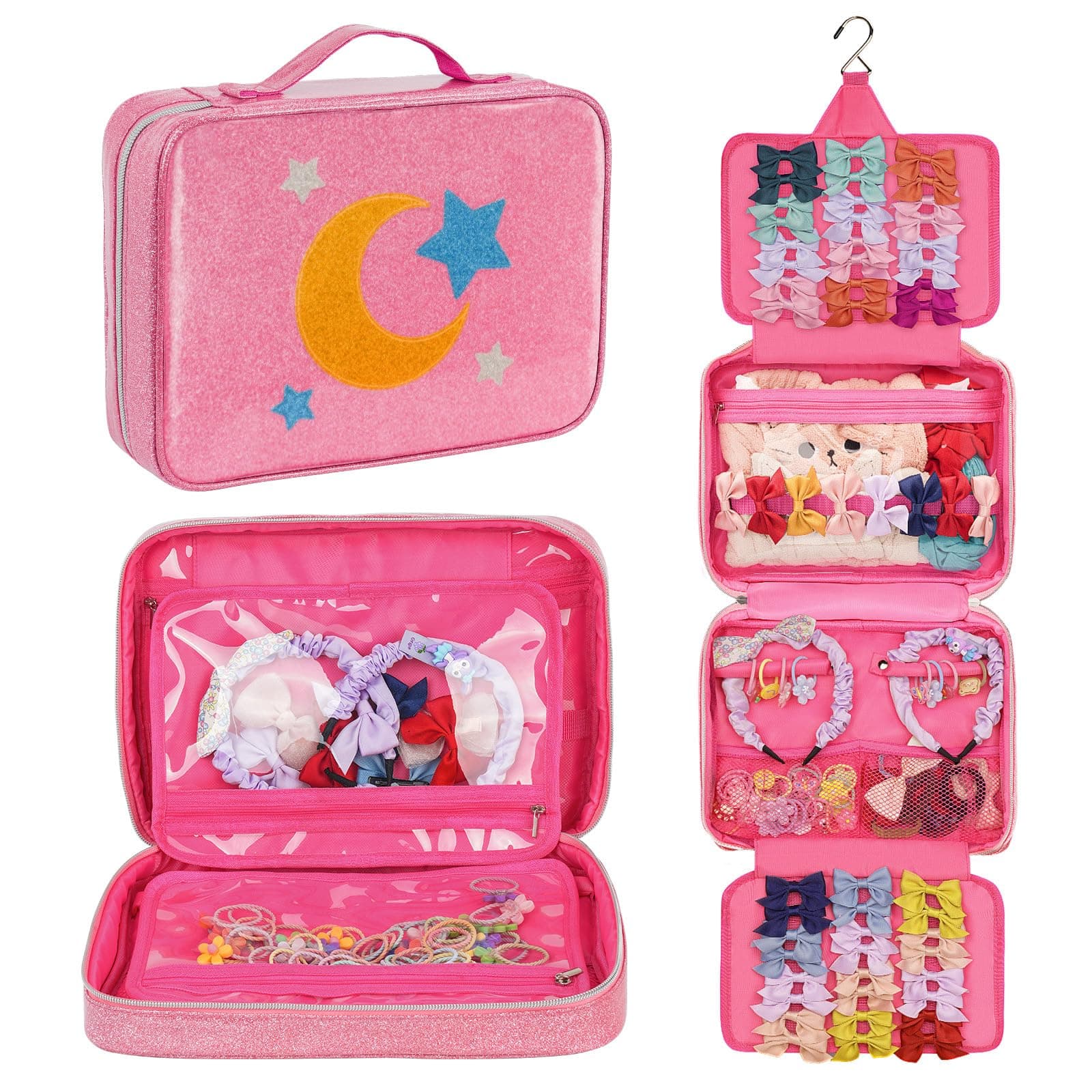 Hair Accessories Organizer, Dust-proof Bow Holder for Baby Girls, Travel Hair Storage Bag for Hair Clips, Headbands, Scrunchies and Hair Ties(Pink)