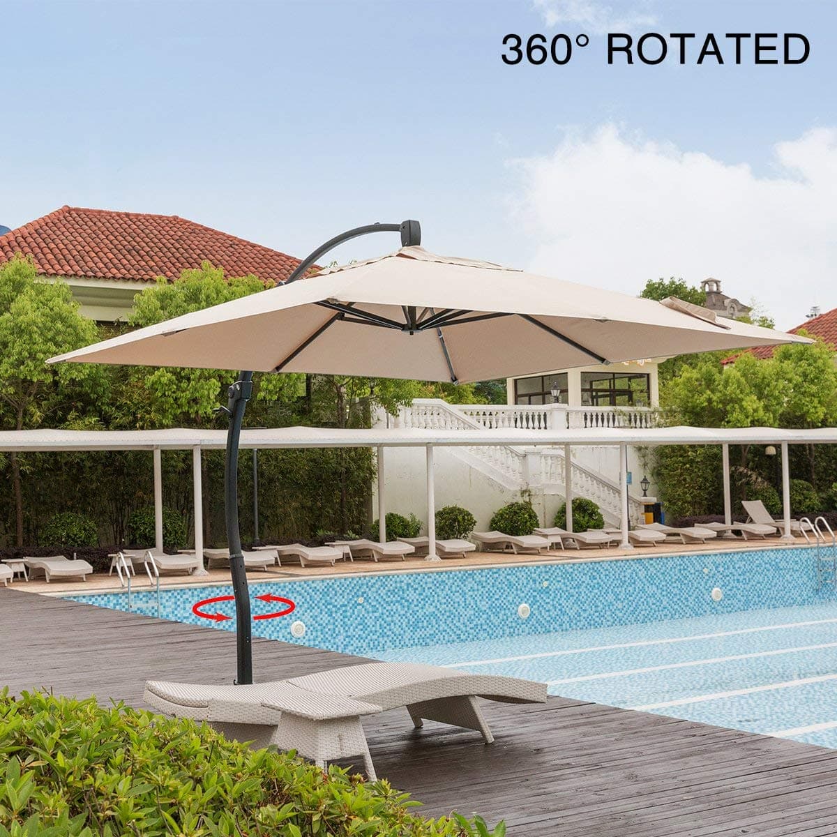 10 by 10-Feet Classic Offset Patio Umbrella, 360° Rotated Cantilever Umbrella with Tilt System for Outdoor Parties, Courtyard with Cross Base, Aluminum, 250gsm Square Canopy, Beige