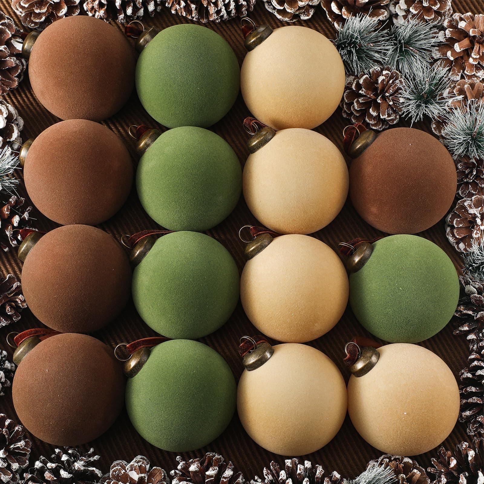 Liliful 15 Pcs Christmas Balls, Flocked Christmas Tree Ornaments Plastic Ornament Balls 3.15 Inch Xmas Decorative Hanging Ornaments Christmas Tree Decoration for Xmas Tree (Brown, Green, Beige)