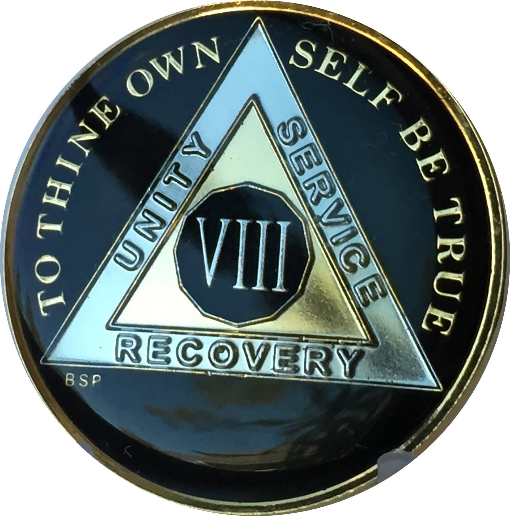 8 Year Classic Black AA Alcoholics Anonymous Medallion Sobriety Chip Tri Plate Gold & Nickel Plated Serenity Prayer