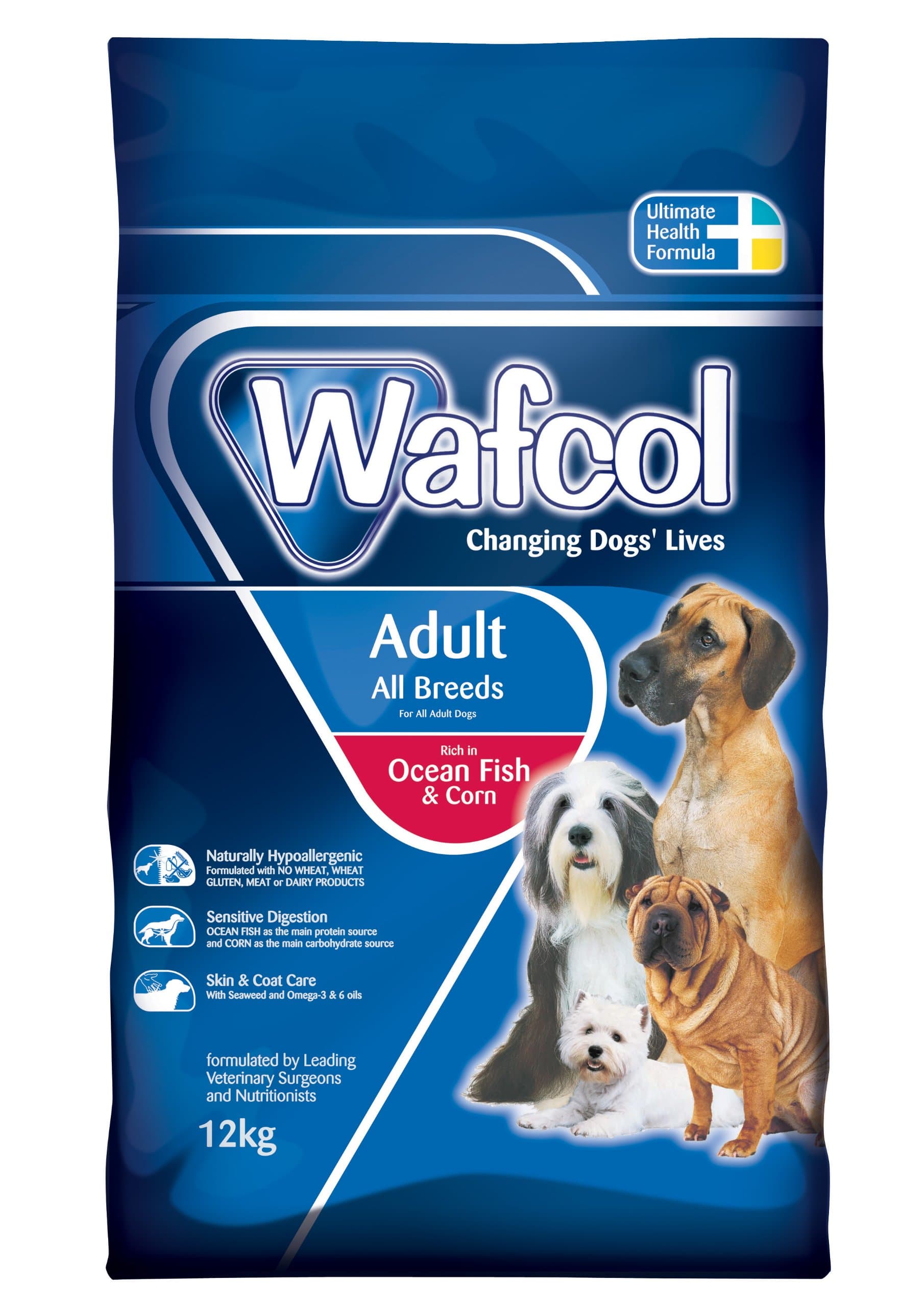 WAFCOL Adult Sensitive Dog Food - Rich in Ocean Fish and Corn - Hypoallergenic Suitable for All Adult Dog Breeds - 12kg Pack - Aids Digestion, transparent