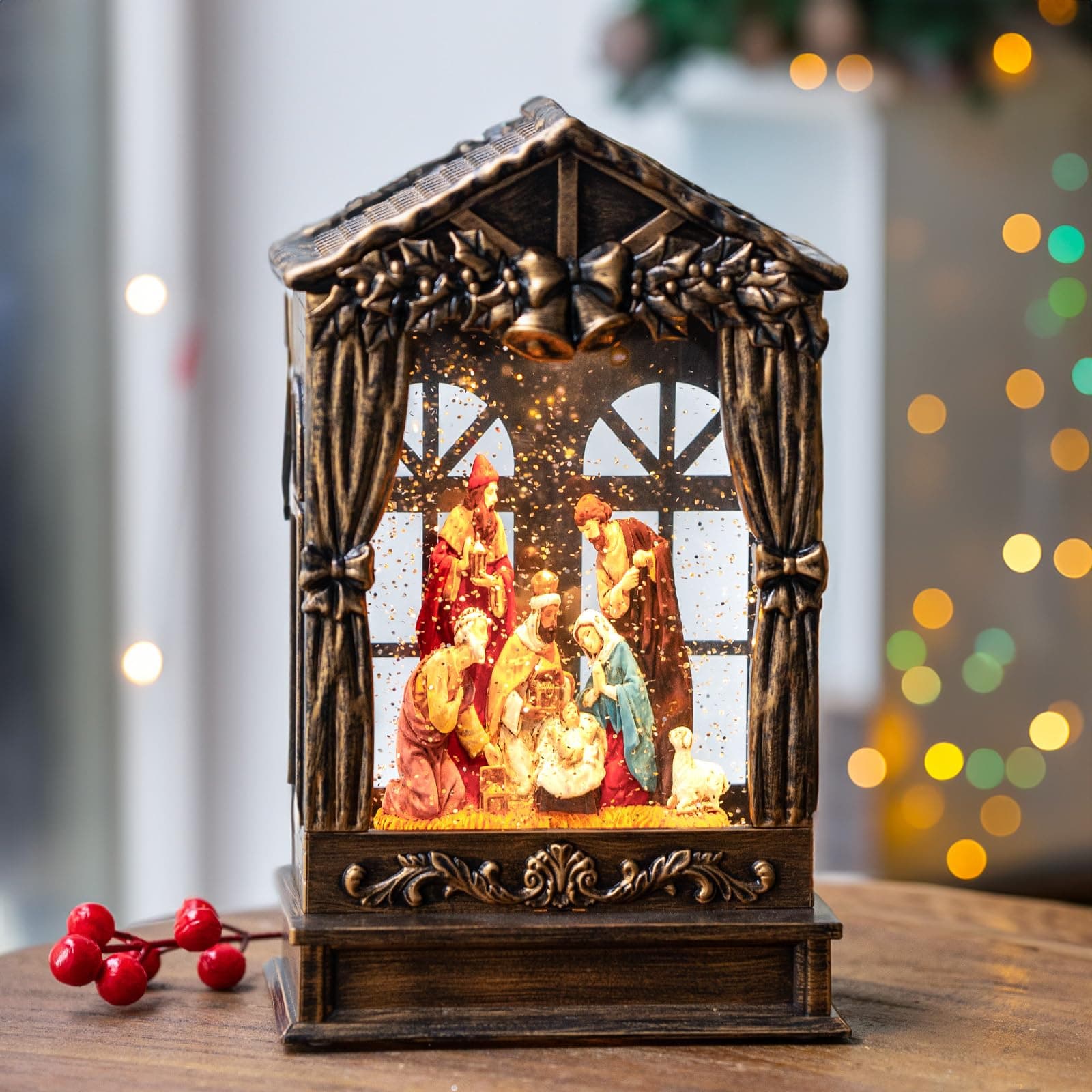 TIJNN 7.6" Snow Globe Lights, Timeless Classic Bible Book, Nativity Scene Collection, Christmas Decoration Gift Family Ornaments