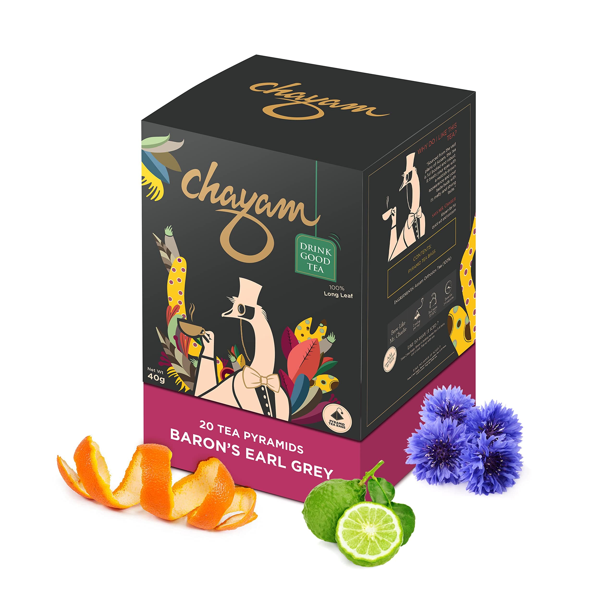 CHAYAM Baron's Earl Grey - 20 Pyramid Tea Bags | Black Tea with Natural Bergamot Oil & Blue Cornflower | Aromatic & Energising Classic Blend | No Added Flavour or Preservatives | Make Hot or Iced Tea
