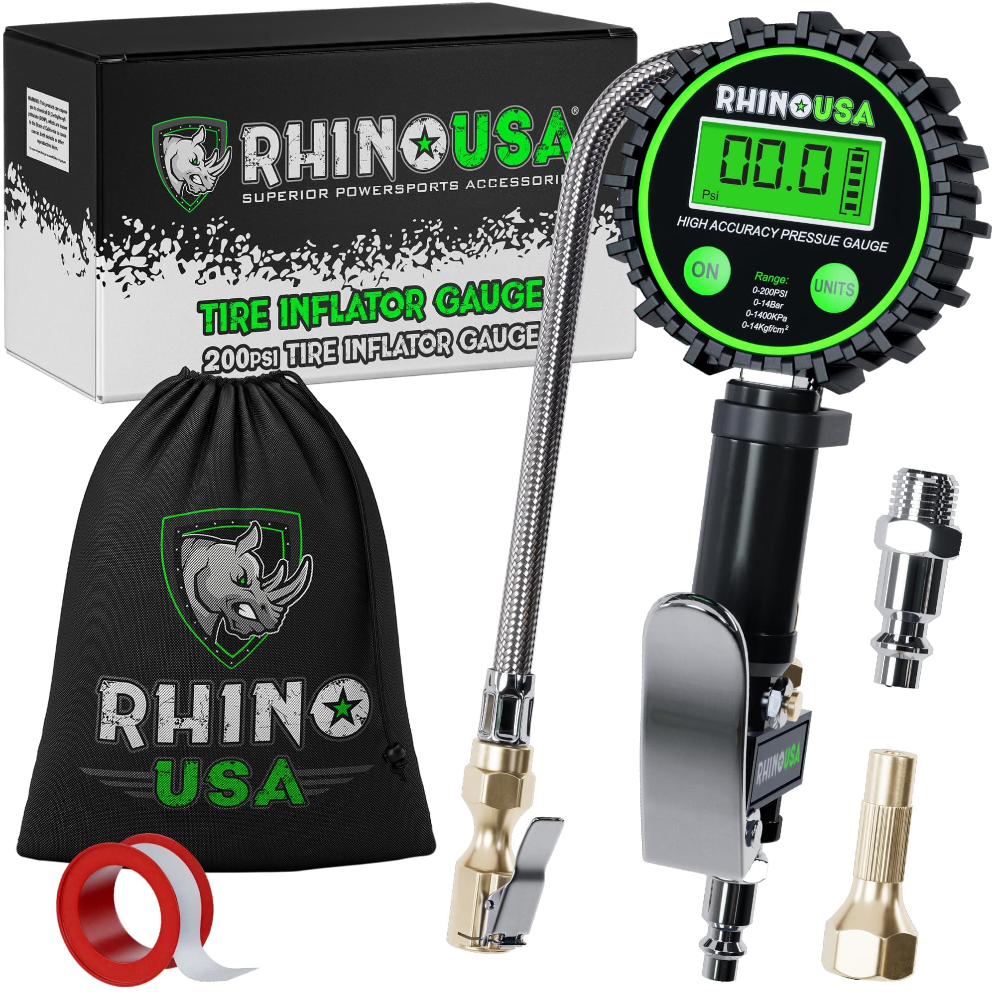 Rhino USA Digital Tyre Pressure Gauge with Inflator (0-1400 KPa) (0–200 PSI) – Heavy-Duty Chuck, 5 cm Dial, Stainless Hose & Brass Components – Ideal for Cars, Trucks, Motorbikes, and RVs