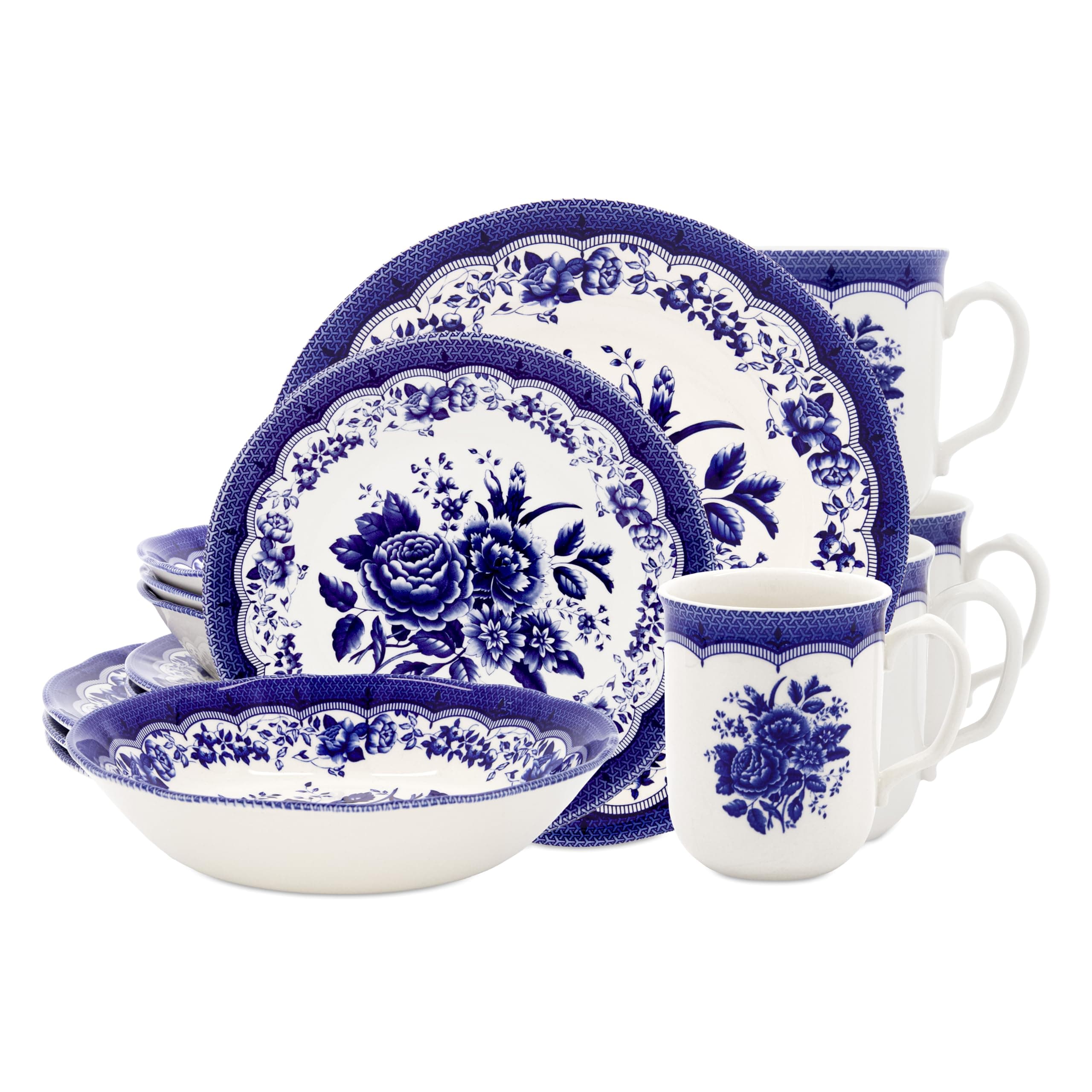 Tudor England ROYAL Porcelain 16-Piece Round Dinnerware Set, Service for 4, VICTORIA BLUE Design, Blue Floral, Plates Bowls Mugs Dishes, Premium Quality Ceramic Tableware, Unique Pattern, Glossy