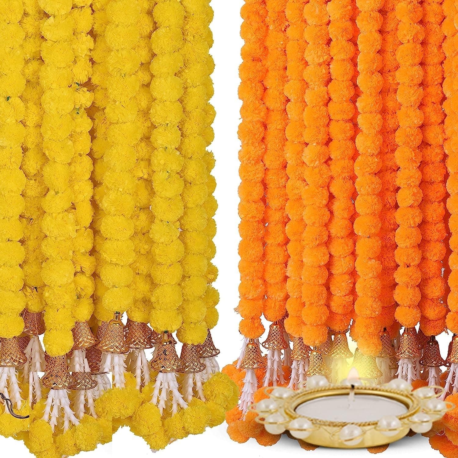Home Buy Artificial Genda Phool for Decoration Flowers for Decoration Garland with Bell for Diwali & Festivals | 5 Feet Long 10 Pcs with 2 Diya (Orange+ Yellow) (Bell Y+O)