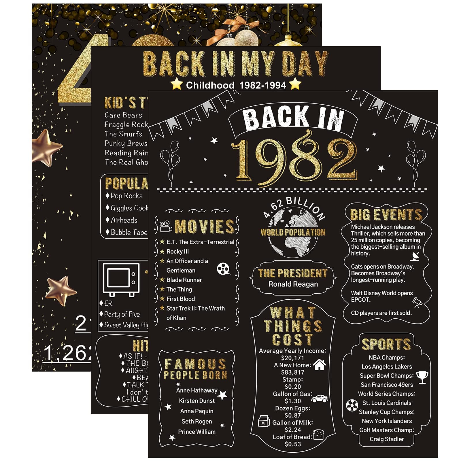 HOMANGA 40th Birthday Decorations for Men or Women, 3 Pieces 40th Birthday Anniversary Posters, Back in 1982 Party Decoration Supplies, 40th Gifts for Women Men Black Gold 11x14 Inch