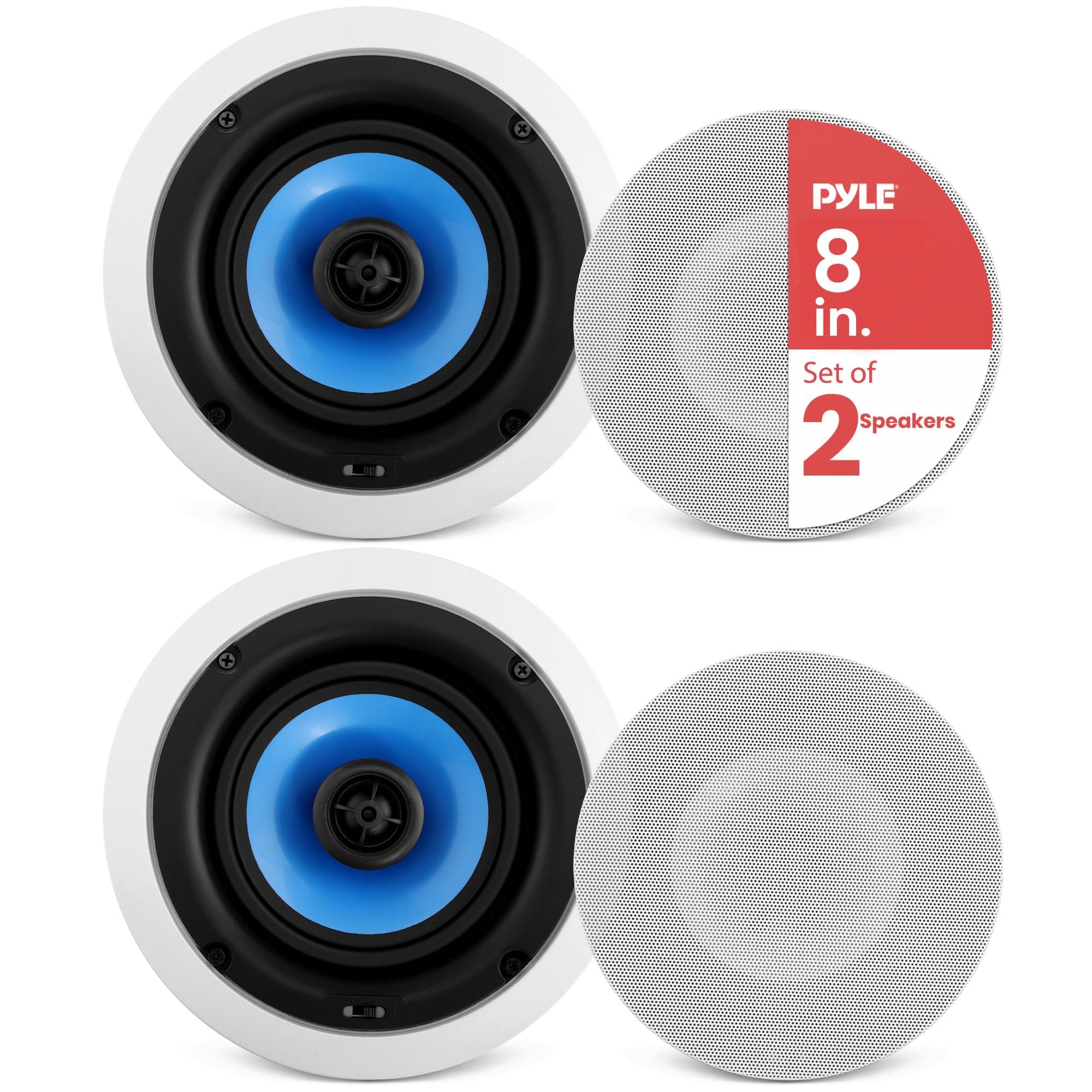 Pyle 8” In-Wall / In-Ceiling Speakers, 250W Peak, Hi-Fi Stereo Sound, Pivoting Adjustable Coaxial Silk Dome Tweeter, Poly Cone Woofer, Stain Resistant Grill, For Home Theater, Custom Installs- Pair