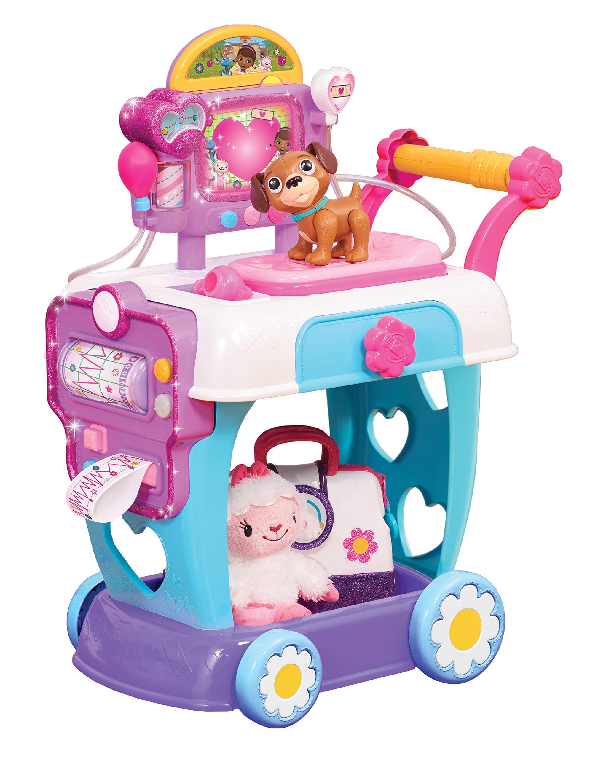 Doc McStuffins Toy Hospital Care Cart, Lights and Sounds Doctor Pretend Play Set, Includes Findo Dog Figure, by Just Play