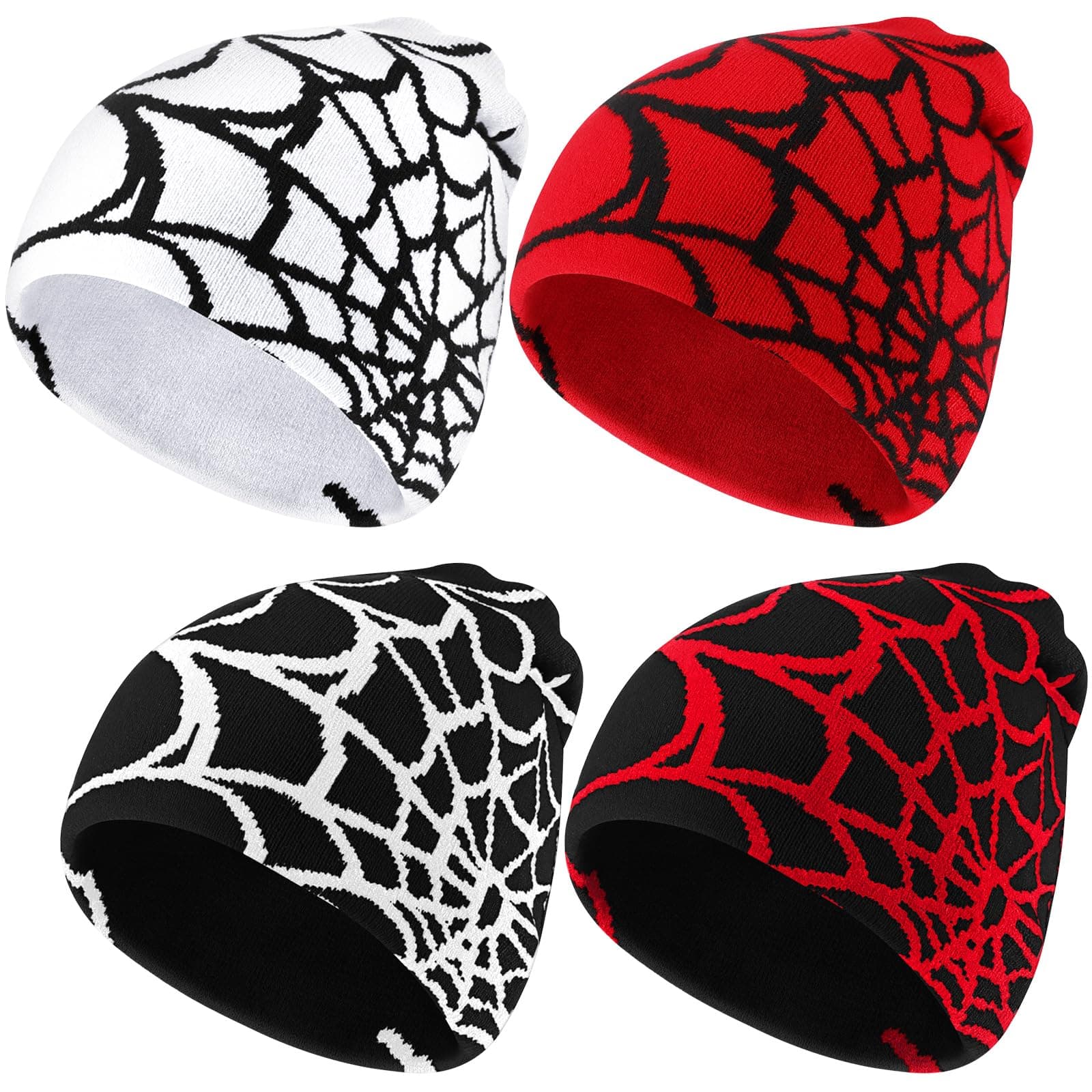 4 Pcs Y2k Beanies Spider Web Pattern Beanie Gothic Acrylic Knitted Hat Casual Streetwear Outdoor for Men Women
