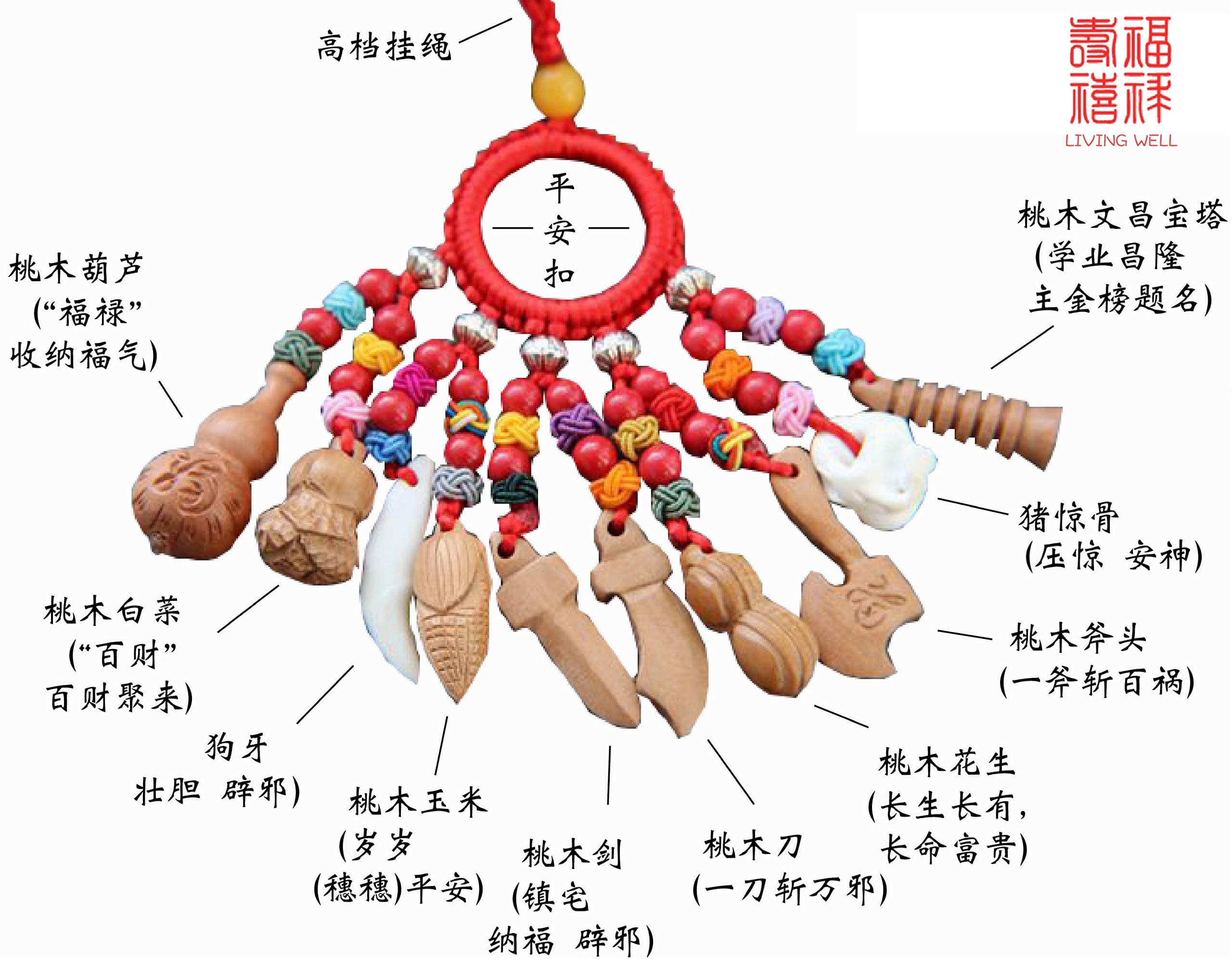 Living Well Feng Shui Protection Amulet - Peach Wood Sword and Axe, Pig Ear Bone, and Dog Tooth Pendant (Basic) 护身符 桃木剑 辟邪 转运 (Peach Wood Sword-Deluxe)