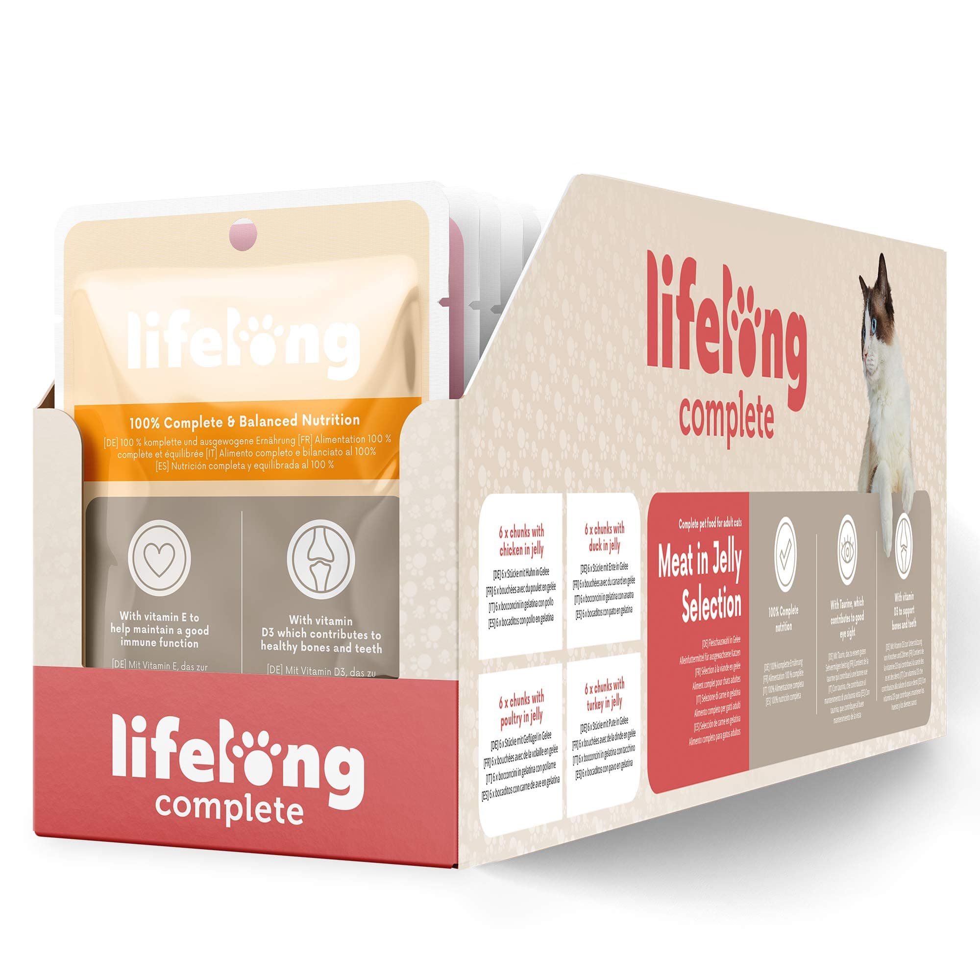 Amazon Brand - Lifelong Complete pet food for adult cats - Meat in Jelly Selection, 9.6 kg (96 pouches x 100g)