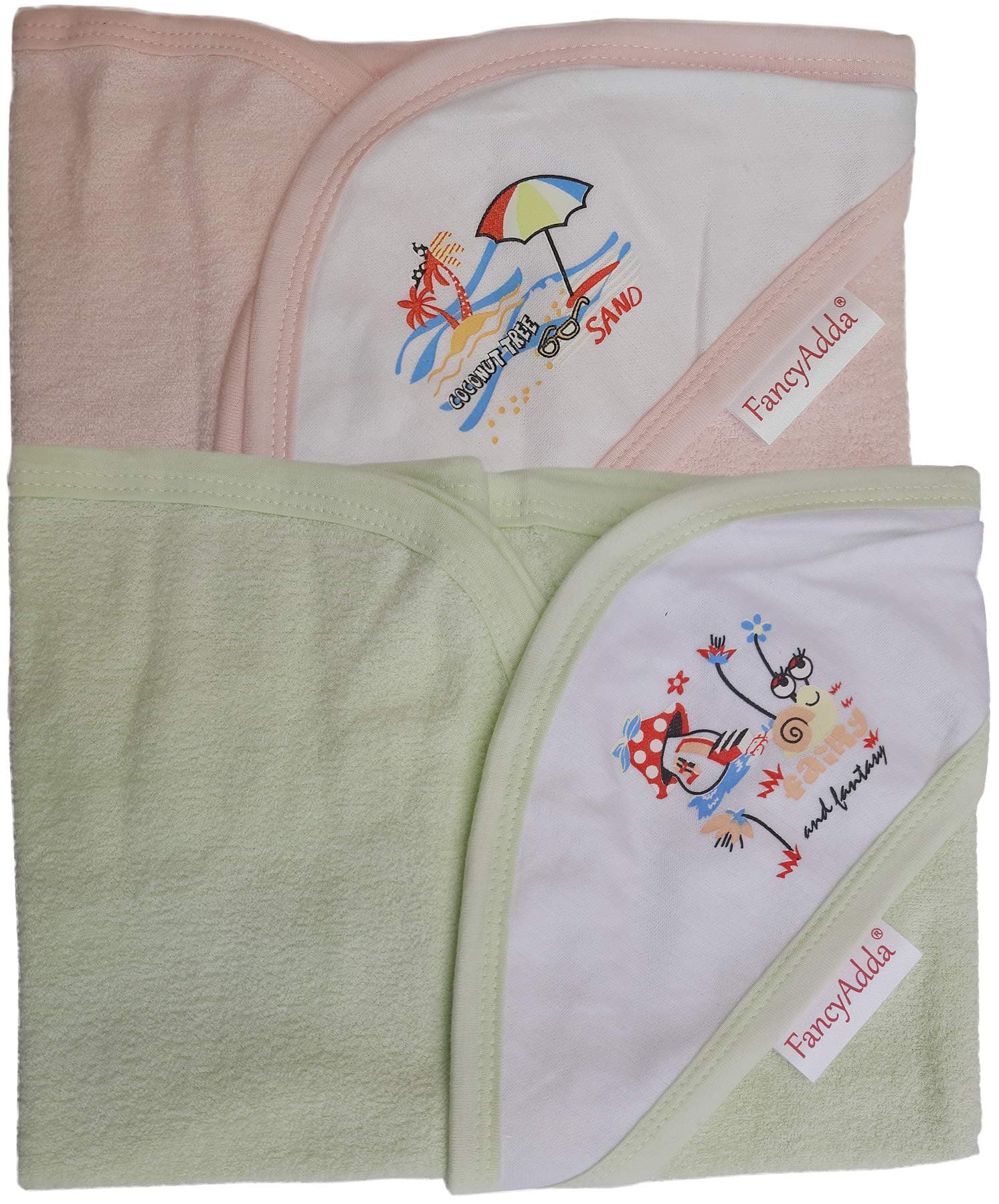 FancyAdda Branded - Soft Cotton Baby Hooded Towels - Pack of 2 (Pink || Green)