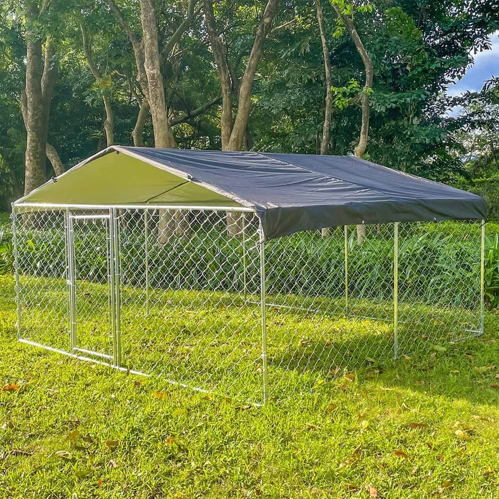 Heavy Duty Dog Kennel Outdoor Dog Chain Link Playpen Galvanized Exercise Pen Dog Run Cage with UV & Waterproof Cover Secure Lock