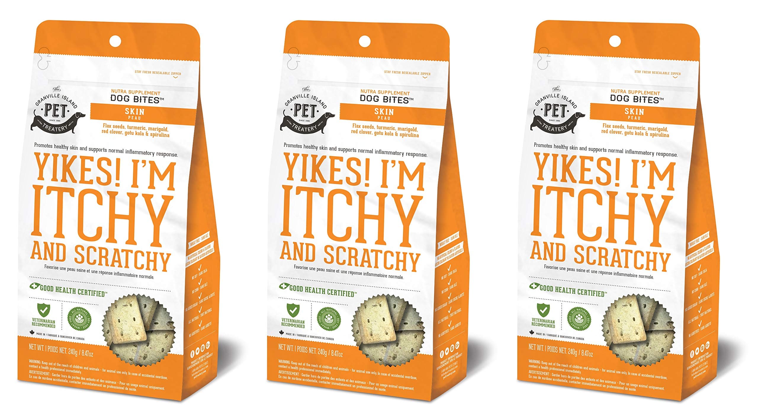 Granville Island Pet Treatery 3 Pack of Skin and Coat Nutra Bites, 8.47 Ounces Each, Anti-Inflammatory Dog Treats