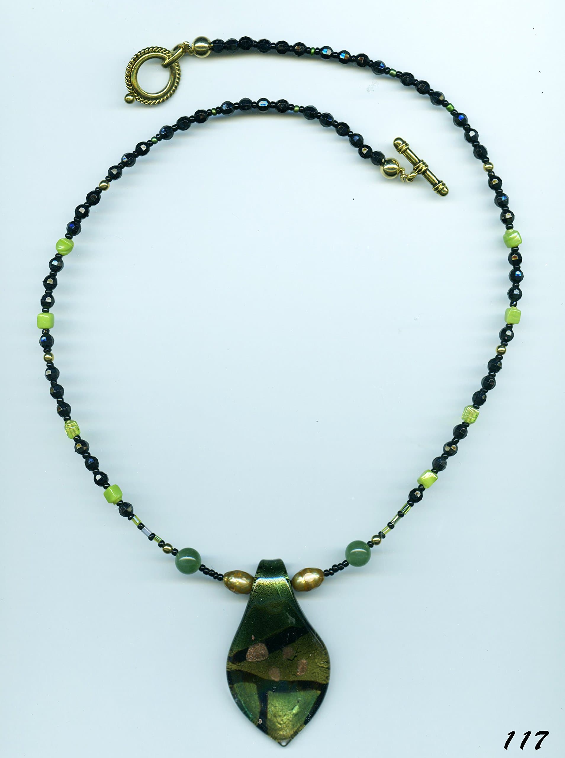 #117 Fused glass pendant on green, black and gold beaded necklace