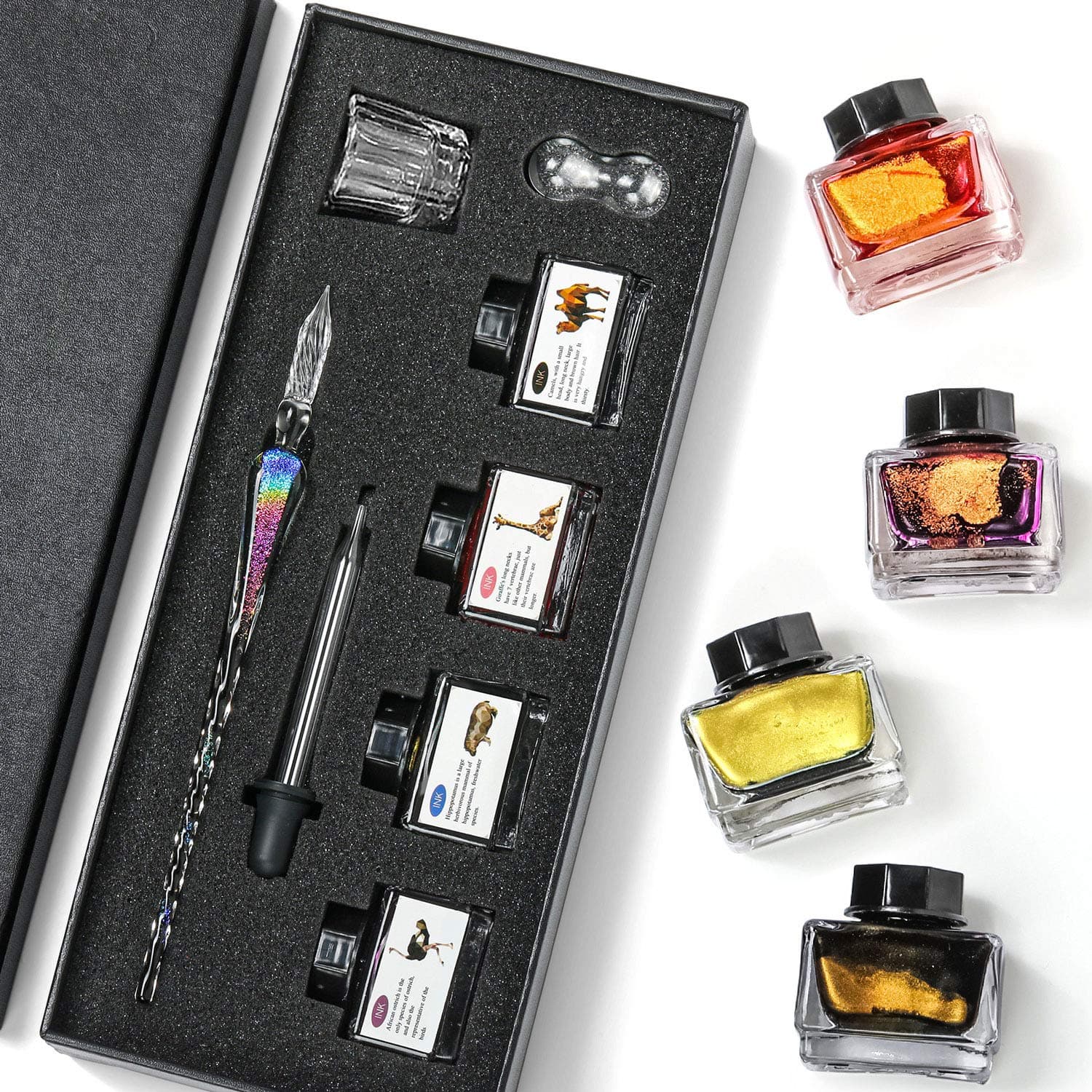 ESSSHOP Handmade Glass Dip Pen and Ink Set - 15ml Color Inks Pen Holder Cleaning Cup Ink Drip Tool Crystal Signature Dipped Pen Kit for Art Writing Calligraphy Christmas Day Gifts