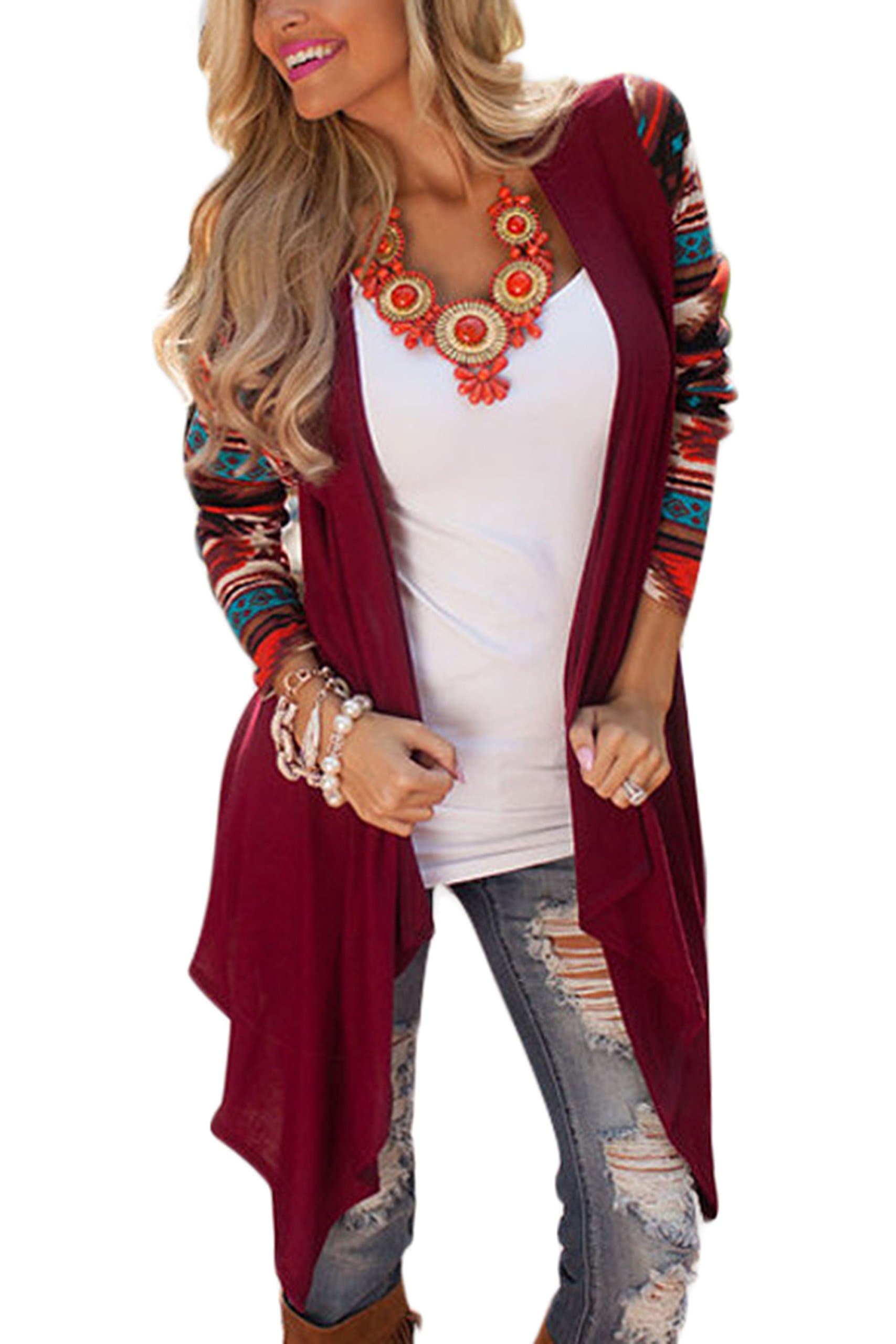 ChongXiao Women's Casual Long Sleeve Geometric Print Loose Sweater Cardigan Shirt (XL, Wine Red)