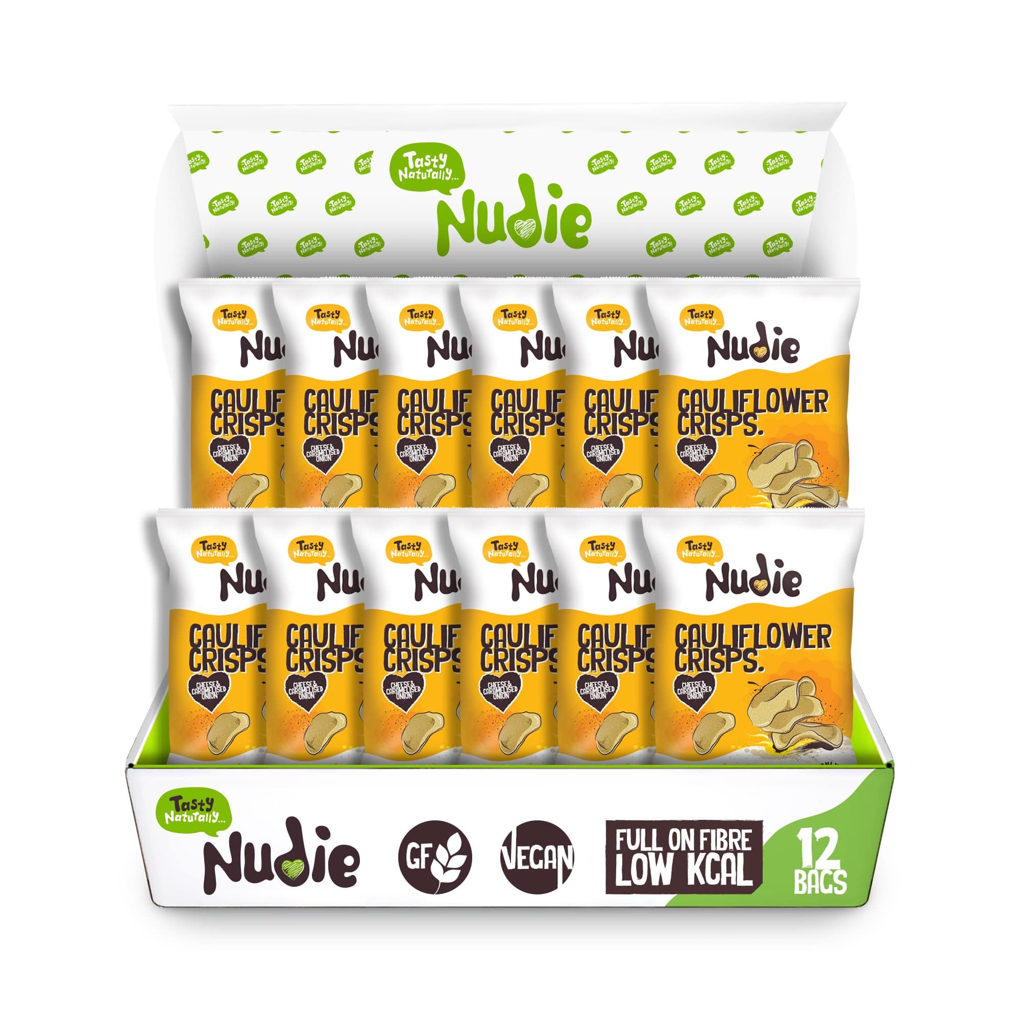 Nudie Snacks - Cheese & Caramelised Onion Cauliflower Crisps - 12 x 20g Bags - Vegan Crisps - Healthy Snacks for Adults and Kids | Protein Snacks, Gluten Free, High Fibre | Low Calorie, 100% Natural