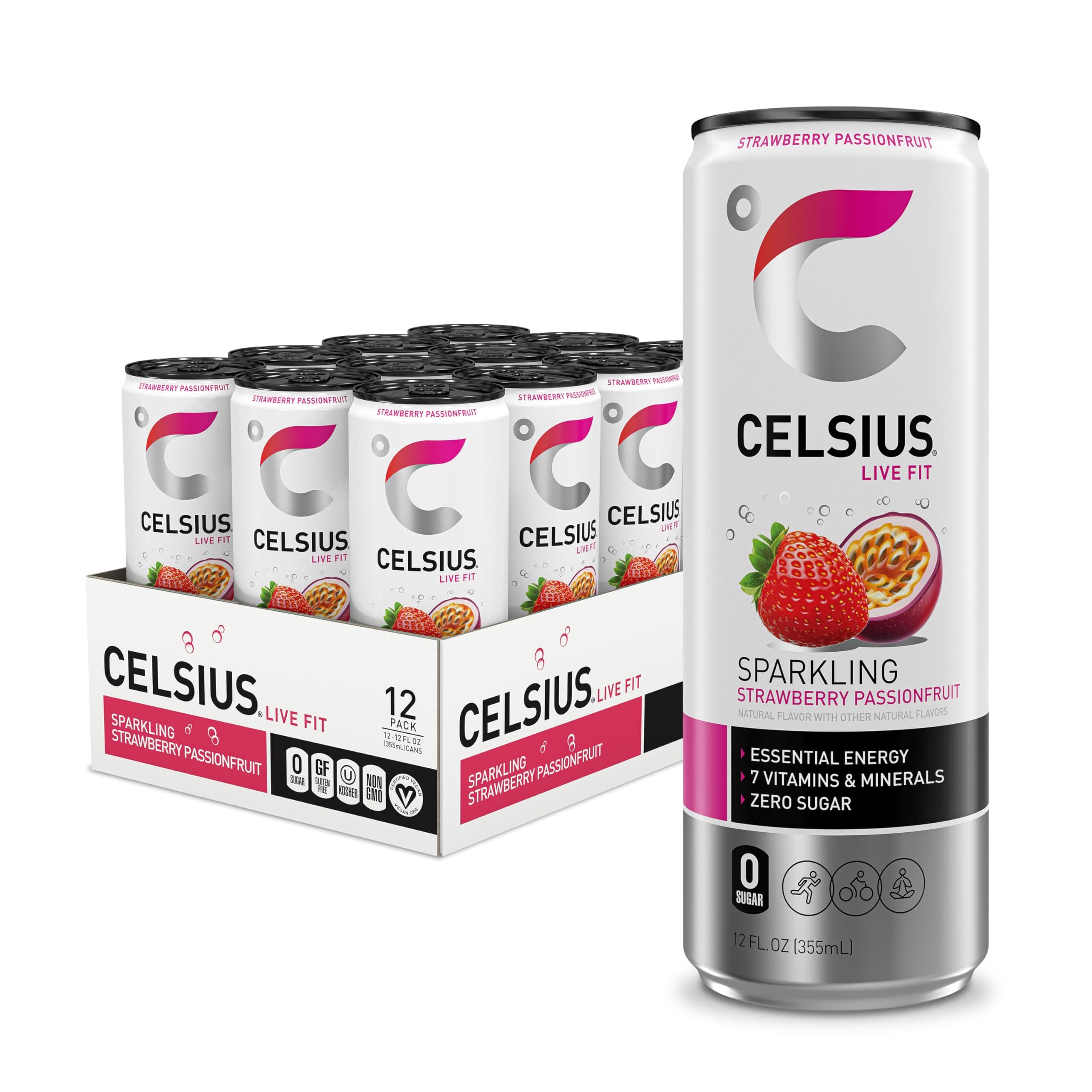 CELSIUS Sparkling Strawberry Passionfruit, Sugar Free Energy Drink, 12 Fl Oz (Pack of 12)
