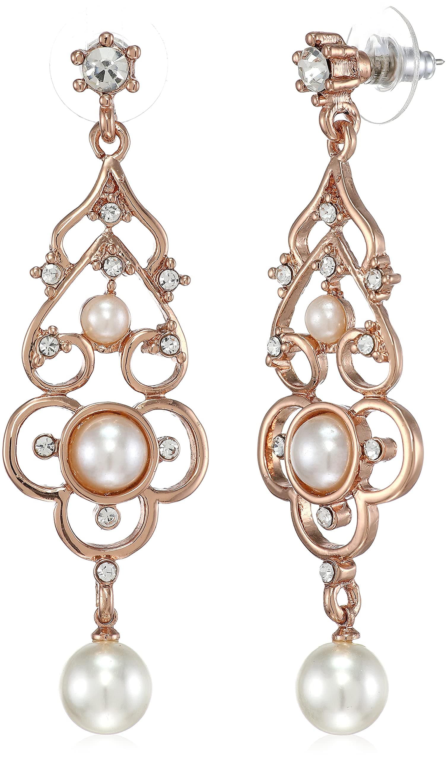 Estele 24kt Rose Gold Plated Gothic Style Chandelier Earring for Women with Pearls and Crystals, One Size (626/704-RG ER)