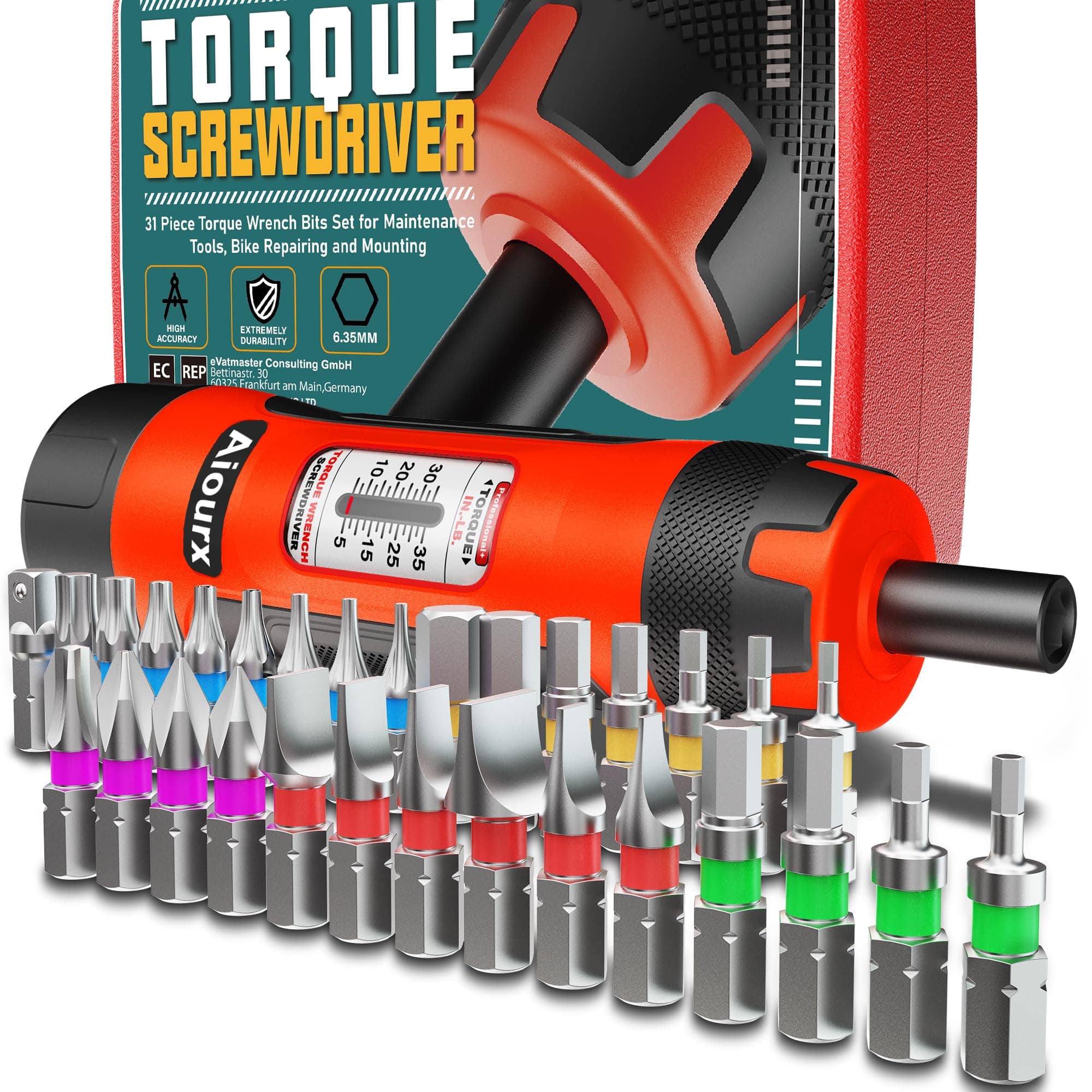 Torque Screwdriver Wrench Set, 1/4" Drive 10-80 in.-lb., 5 in-lb Increment, 31 Pieces Torque Wrench Bits Set for Professional Maintenance, Tools, Bike Repairing and Mounting