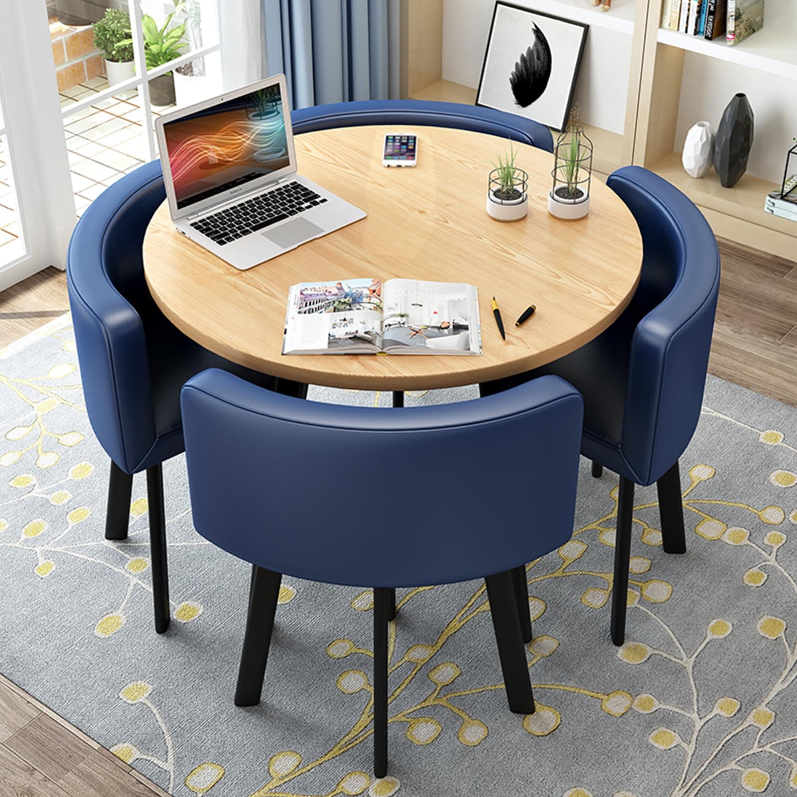 Round Kitchen Dining Table Set for 4, Space Saving Table and Chairs Set with Thick Tabletop 4 Upholstered Chairs, Dinning Room Modern Casual Coffee Table Set(D 31.5inch/80cm, PU Deep Blue)
